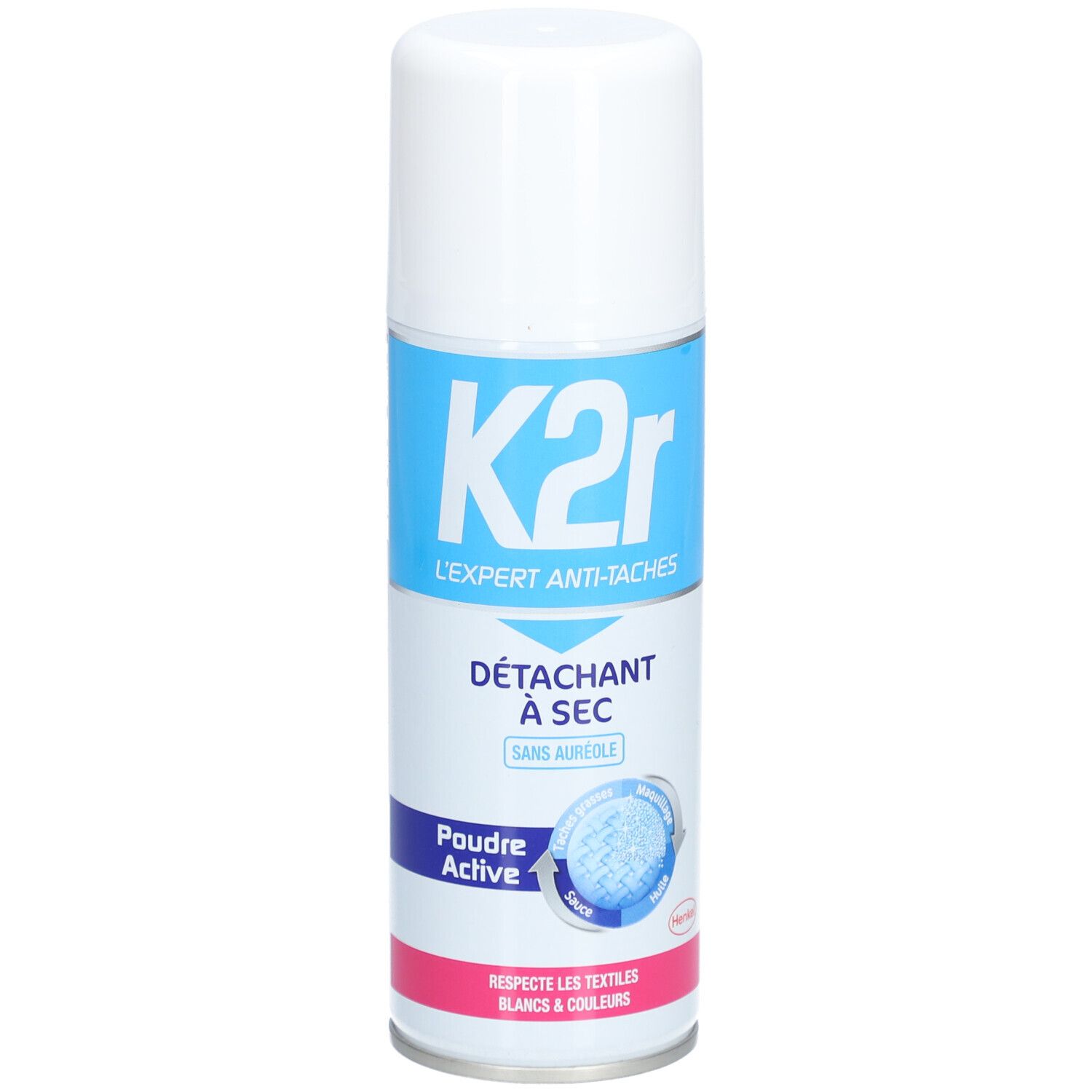 Witte aerosol spuitbus met blauw-roze etiket. Tekst: K2r, Détachant à sec, Poudre Active. Voor witte en gekleurde stoffen.
