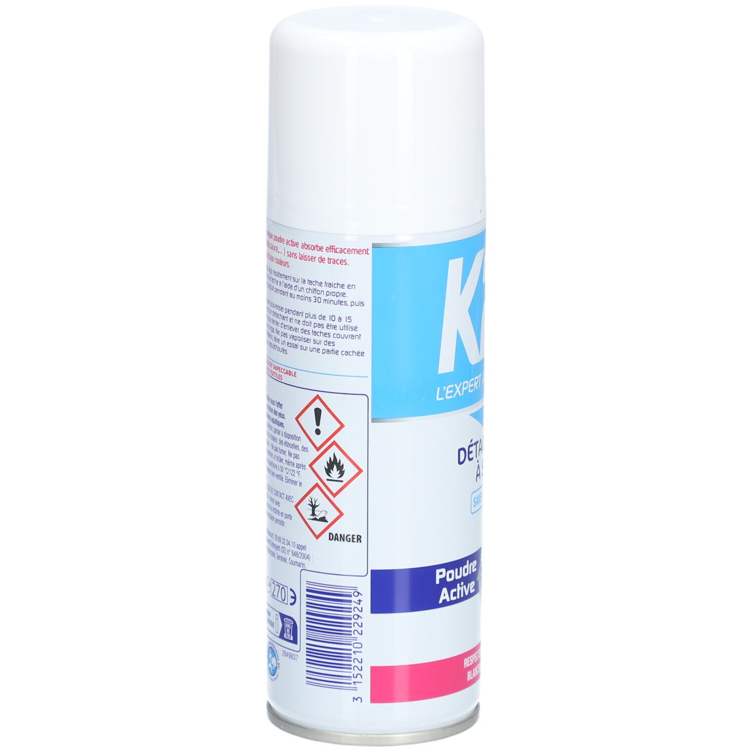 Achterkant van de witte aerosol. Tekst: Gevaar, gevaarsymbolen en informatie. Streepjescode: 3152210229944.