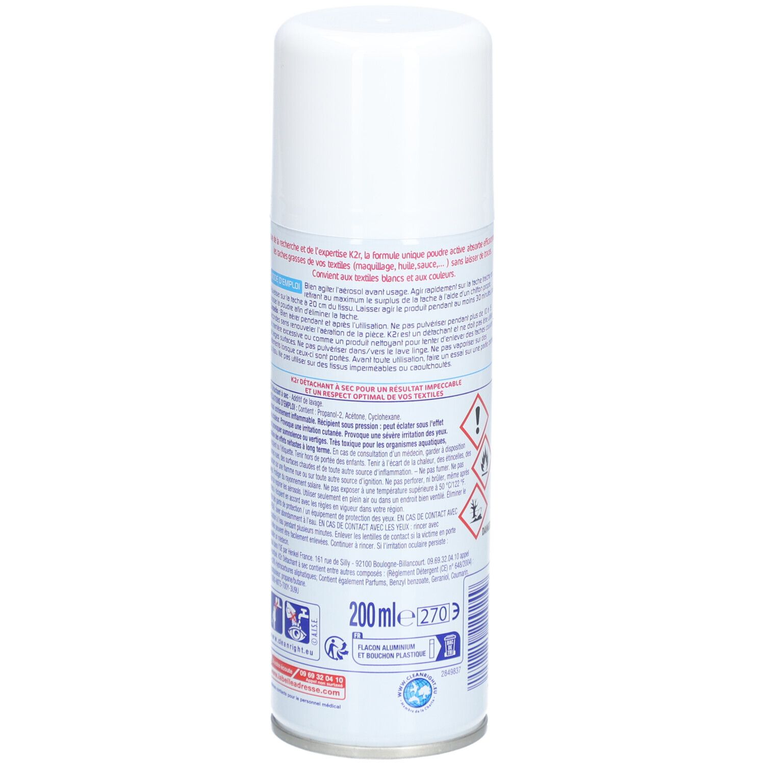 Achterkant van de witte aerosol. Tekst en informatie. Volume: 200 ml. Aluminium en plastic fles.