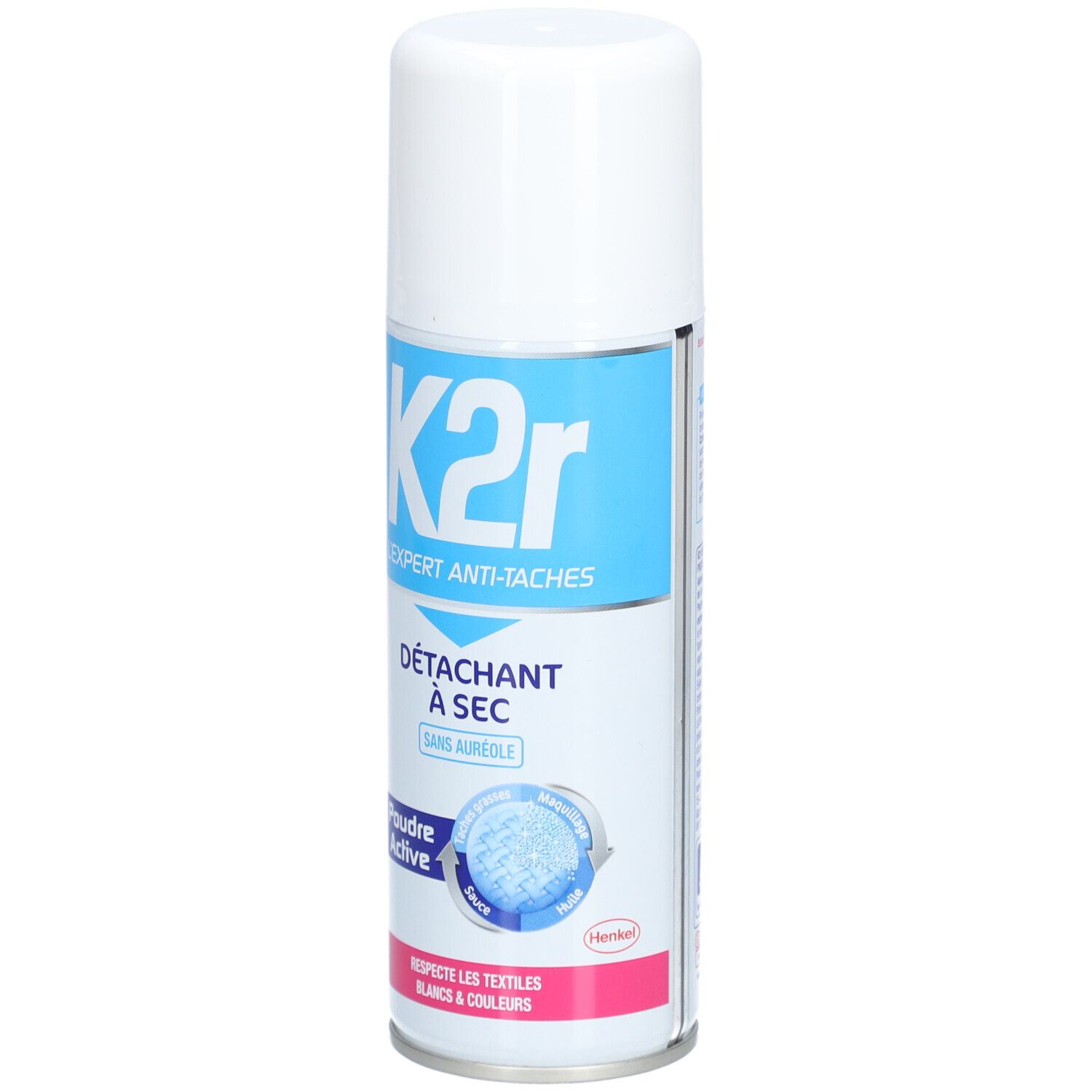 Witte aerosol spuitbus met blauw-roze etiket. Tekst: K2r, Détachant à sec, Poudre Active. Voor witte en gekleurde stoffen.