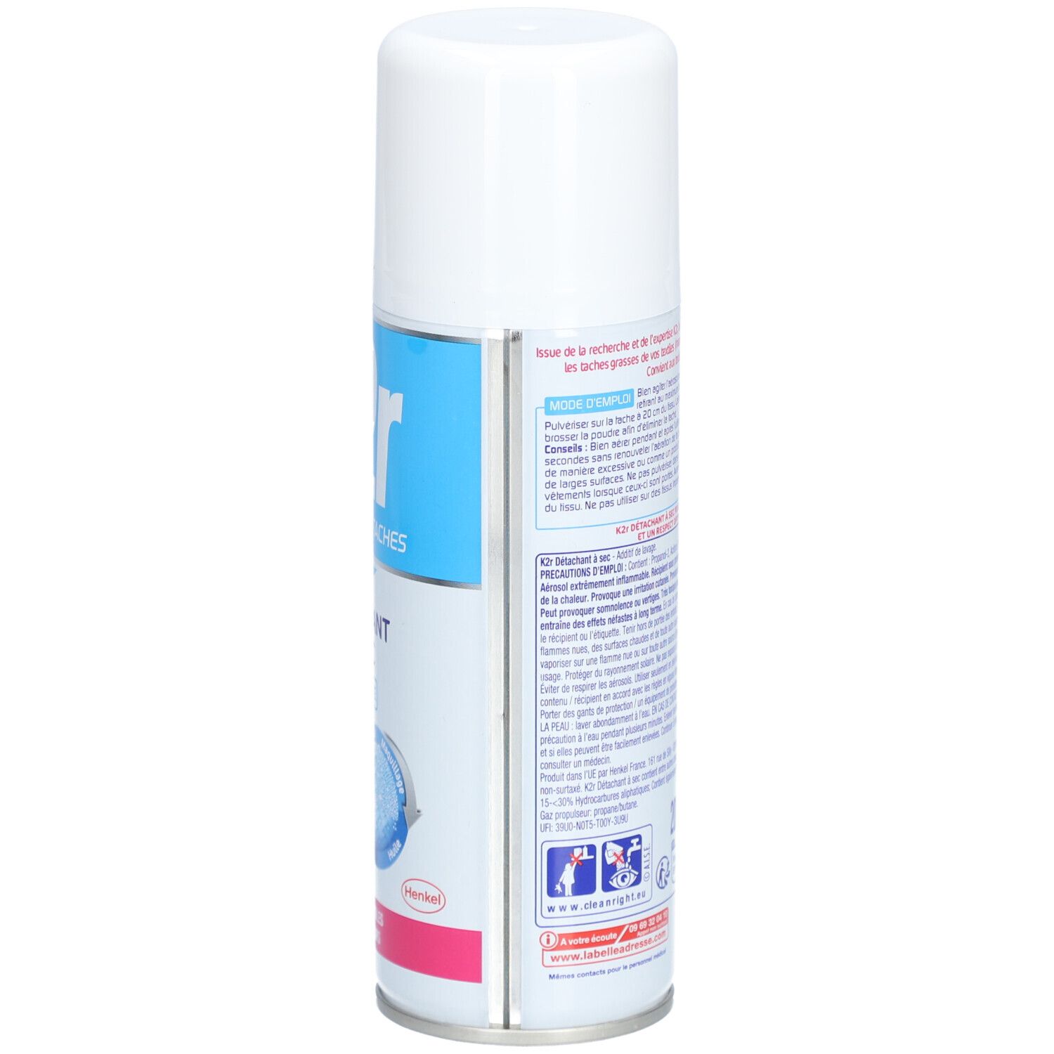 Achterkant van de witte aerosol. Tekst en informatie. Tekst: K2r, Détachant à sec.