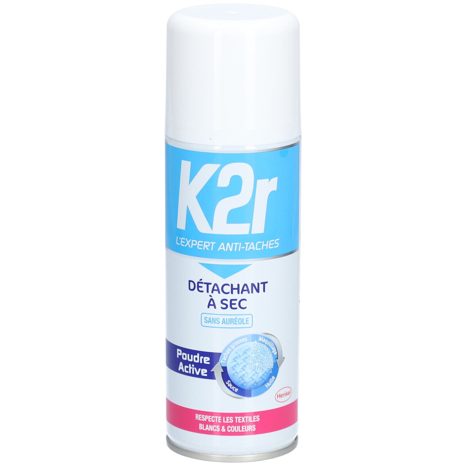 Witte aerosol spuitbus met blauw-roze etiket. Tekst: K2r, Détachant à sec, Poudre Active. Voor witte en gekleurde stoffen.