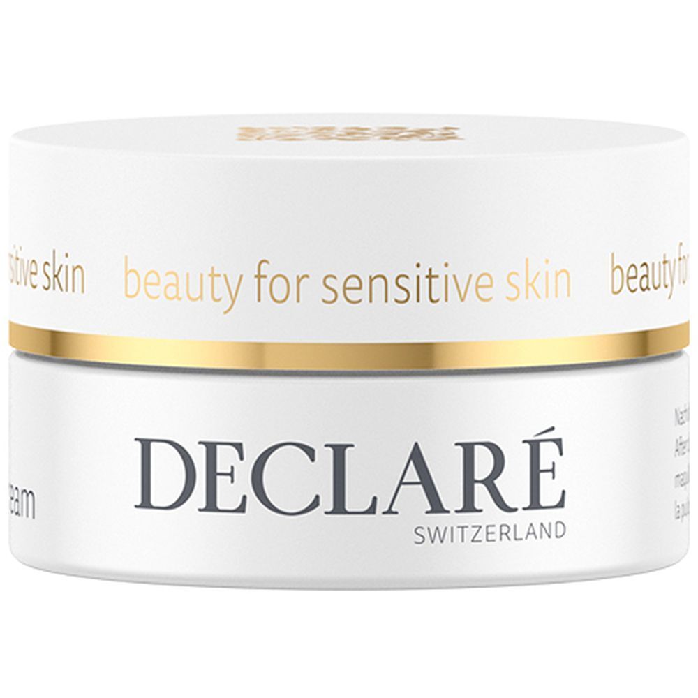 Pot blanc avec anneau doré. Inscription : DECLARÉ SWITZERLAND. Texte : beauty for sensitive skin.