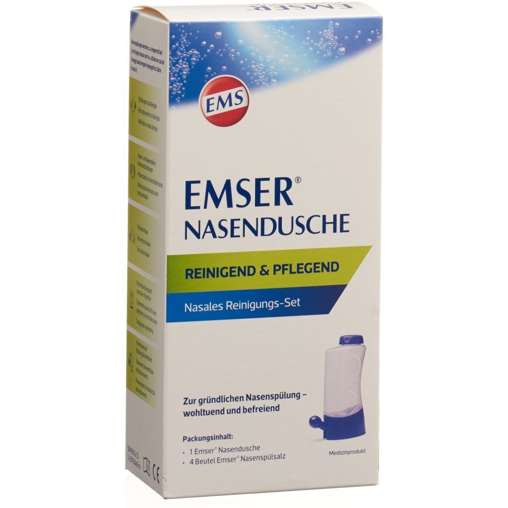Verpakking van EMSER Nasendusche. Witte doos met productafbeelding en logo. Bevat neusdouche en neusspoelzout.