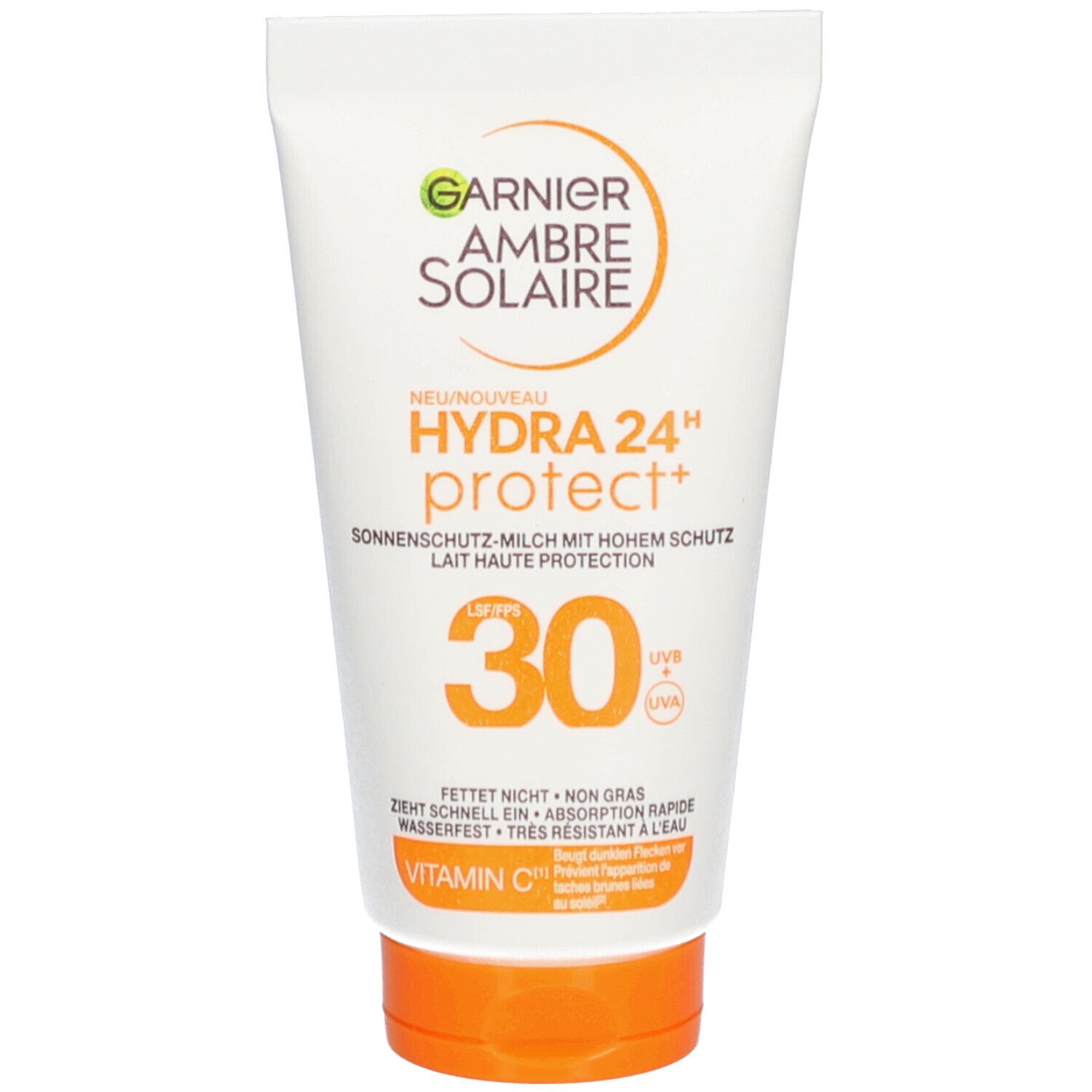 Witte tube met oranje dop. Opschrift: Garnier Ambre Solaire, Hydra 24H protect+ SPF 30. Groen-oranje logo.