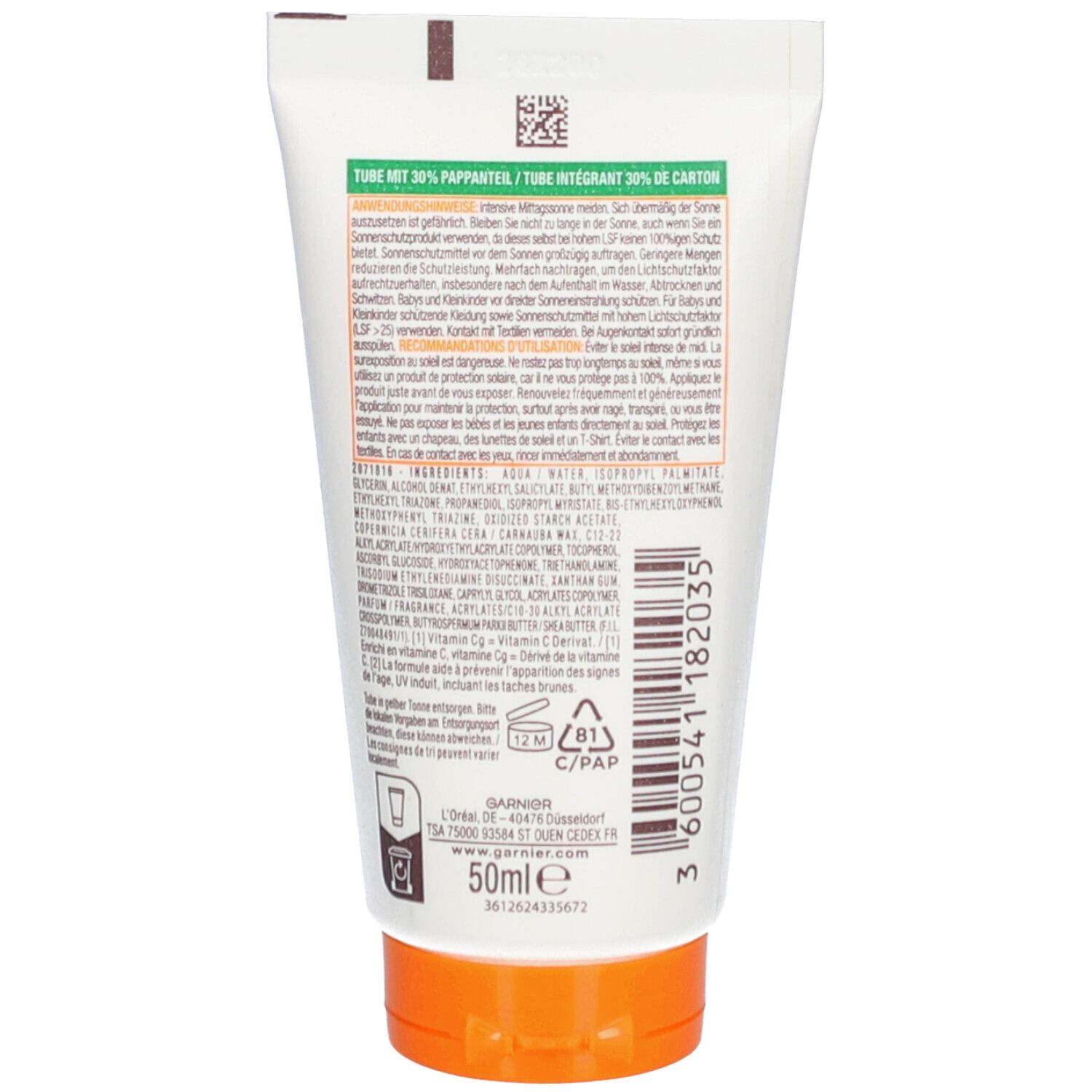 Achterkant van de tube. Tekst en barcode. Oranje dop. Opschrift: 50ml. Logo. Informatie over ingrediënten.