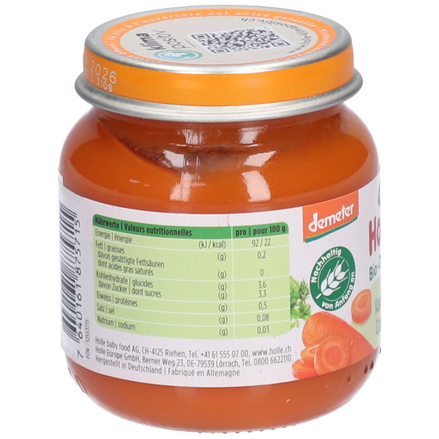 Arrière d'un pot de purée Holle Bio-Organic Carottes avec informations nutritionnelles.