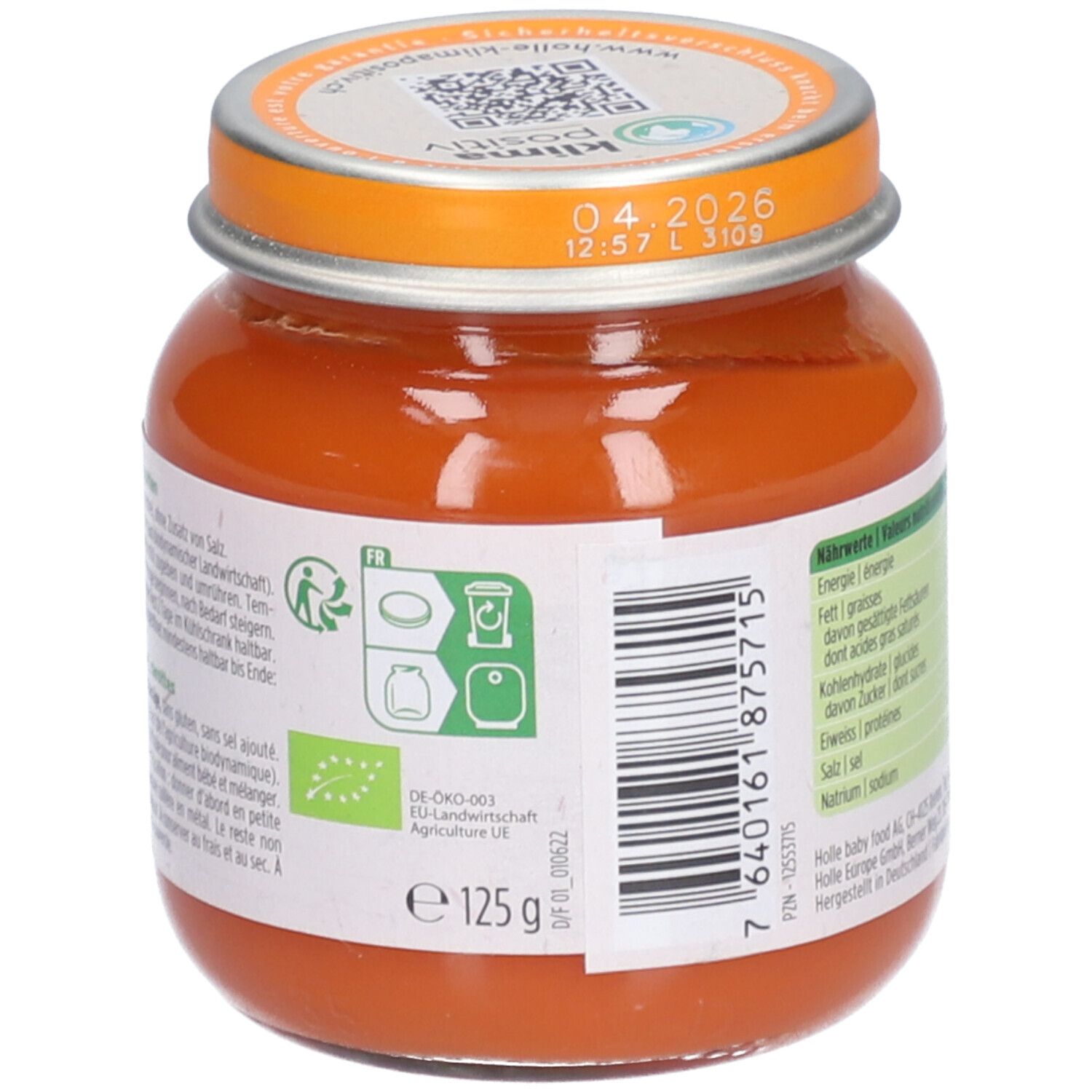 Côté d'un pot de purée Holle Bio-Organic Carottes avec label bio et code-barres.