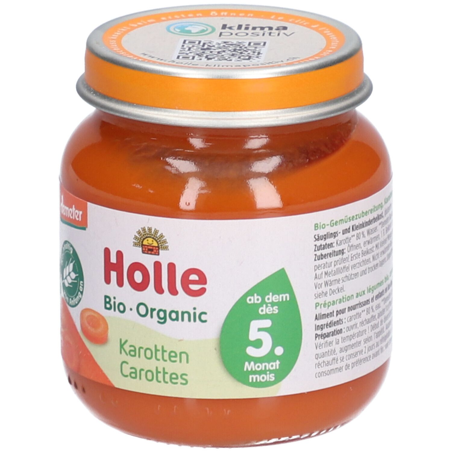 Arrière d'un pot de purée Holle Bio-Organic Carottes avec liste des ingrédients.