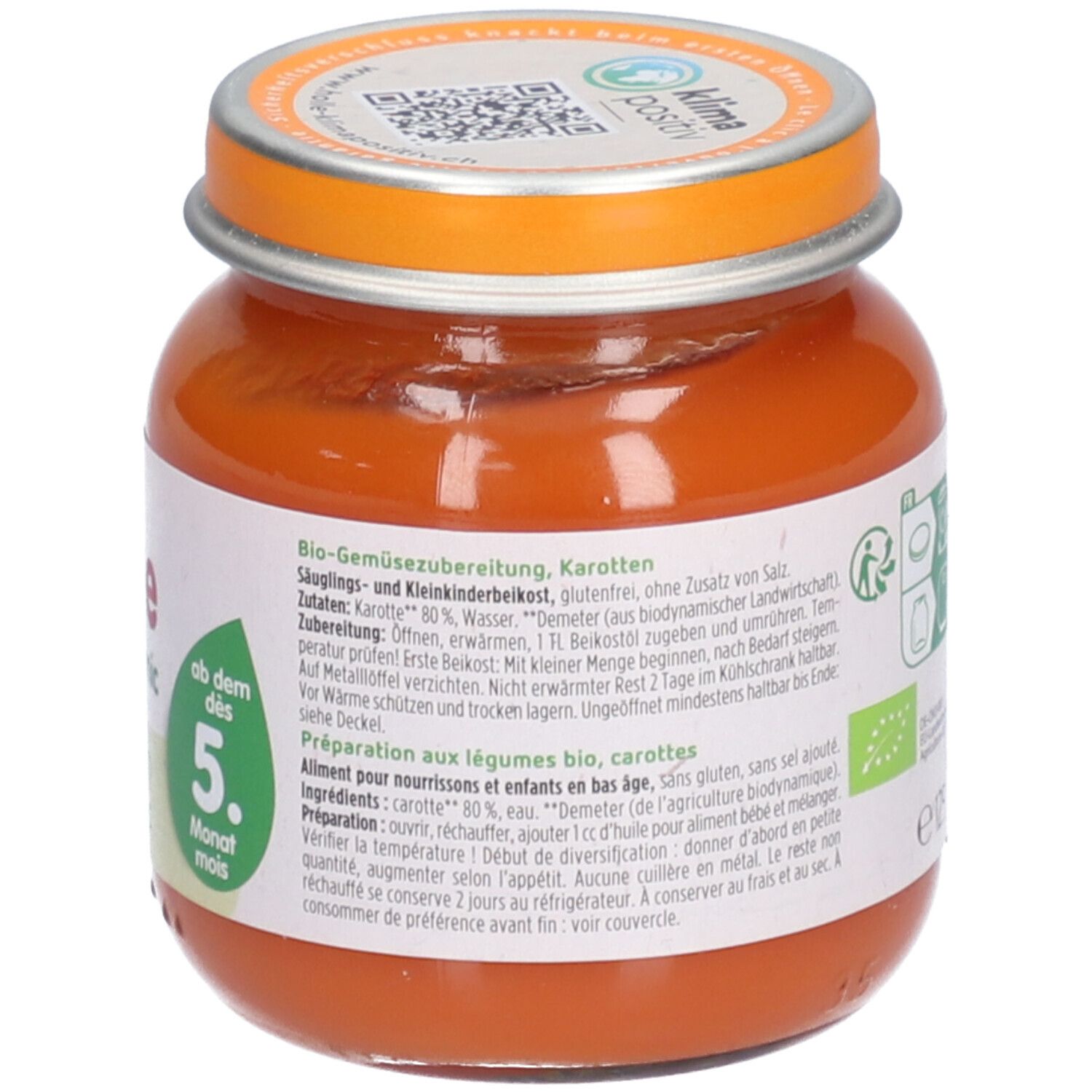 Arrière d'un pot de purée Holle Bio-Organic Carottes avec liste des ingrédients.
