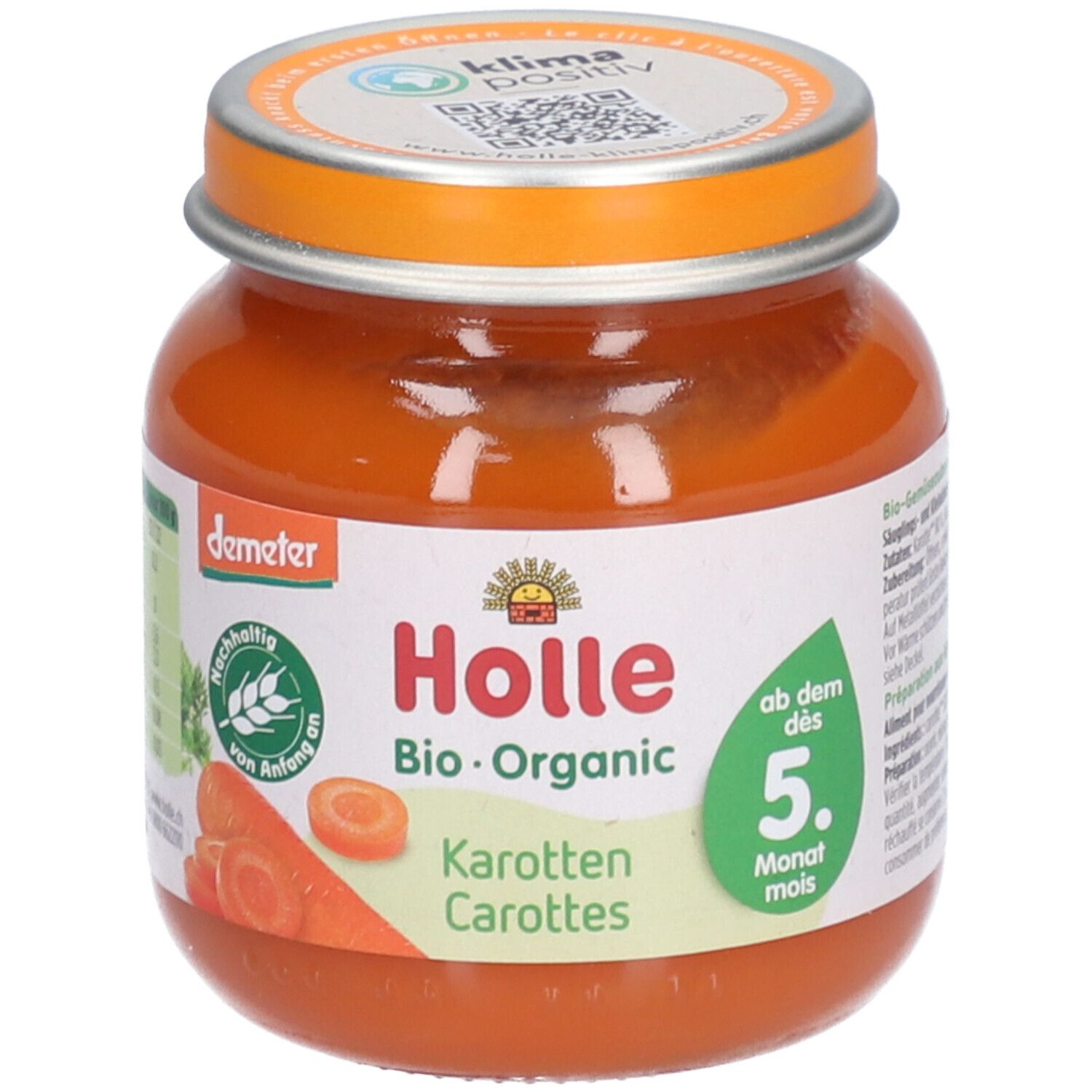 Purée Holle Bio-Organic Carottes en pot, avec image de carottes et label bio.
