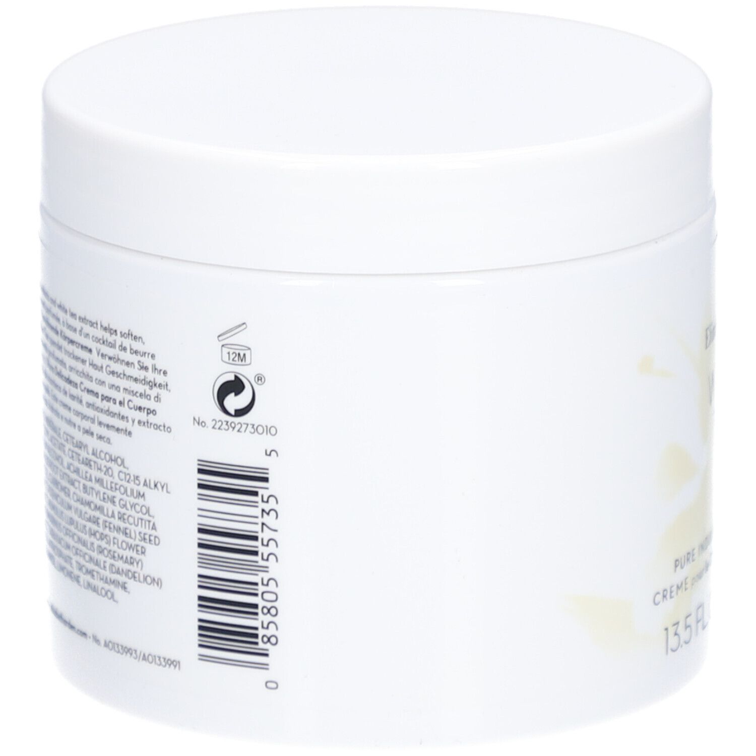 Pot blanc avec couvercle. Code-barres et texte sur le côté. Inscription: Elizabeth Arden White Tea Pure Indulgence Body Cream.