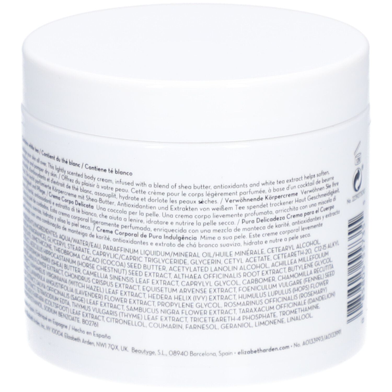 Pot blanc avec couvercle. Texte sur le côté. Inscription: Elizabeth Arden White Tea Pure Indulgence Body Cream. Ingrédients.