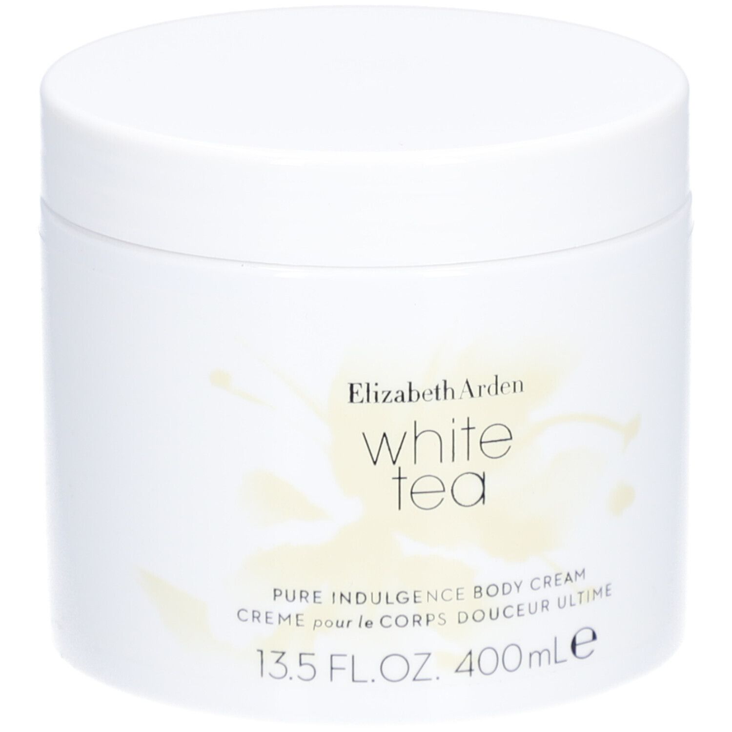 Pot blanc avec couvercle. Inscription: Elizabeth Arden White Tea Pure Indulgence Body Cream. 13.5 FL.OZ. 400 ml.