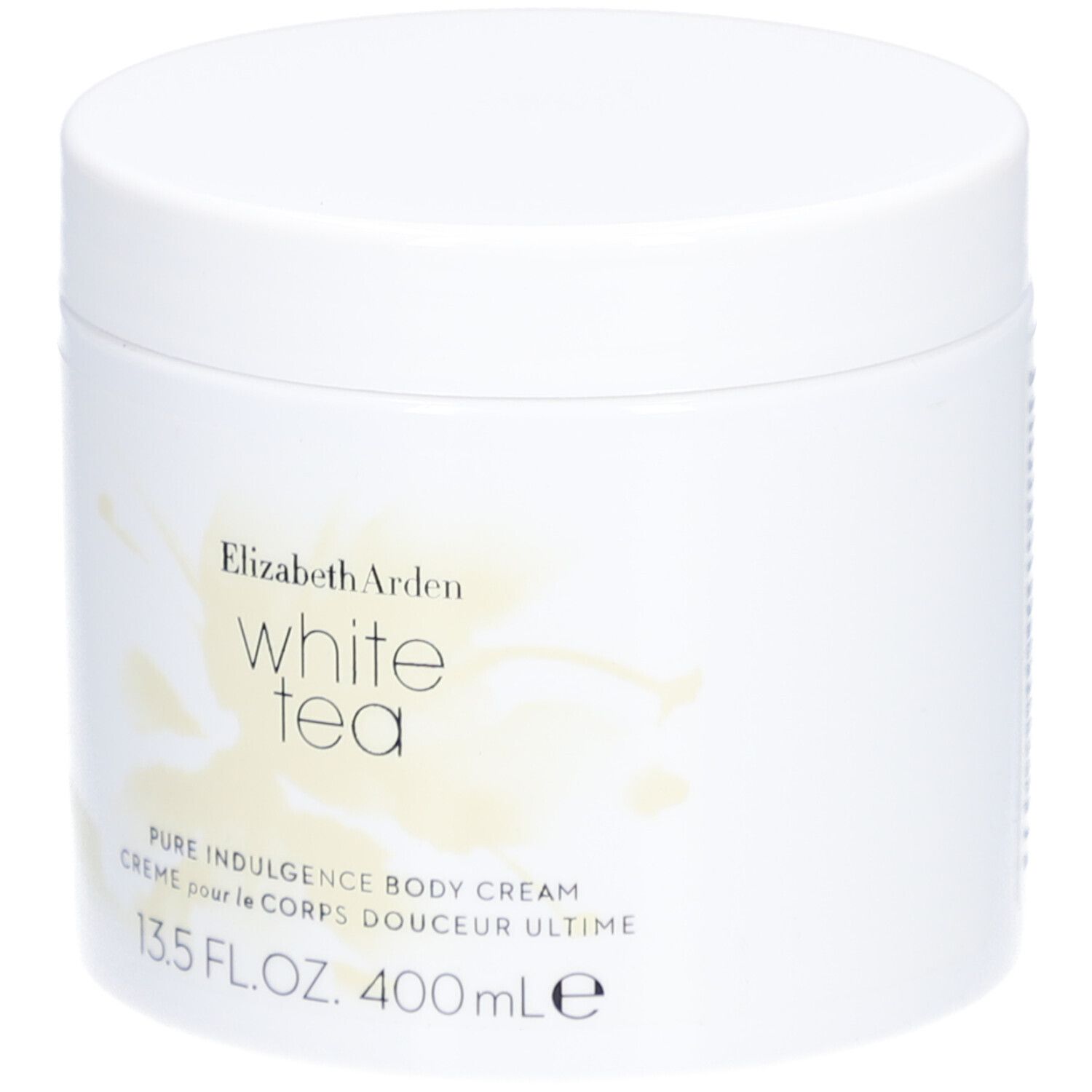 Pot blanc avec couvercle. Inscription: Elizabeth Arden White Tea Pure Indulgence Body Cream. 13.5 FL.OZ. 400 ml.