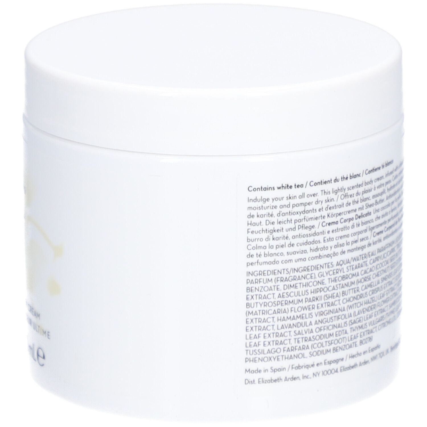 Pot blanc avec couvercle. Texte sur le côté. Inscription: Elizabeth Arden White Tea Pure Indulgence Body Cream. Ingrédients.