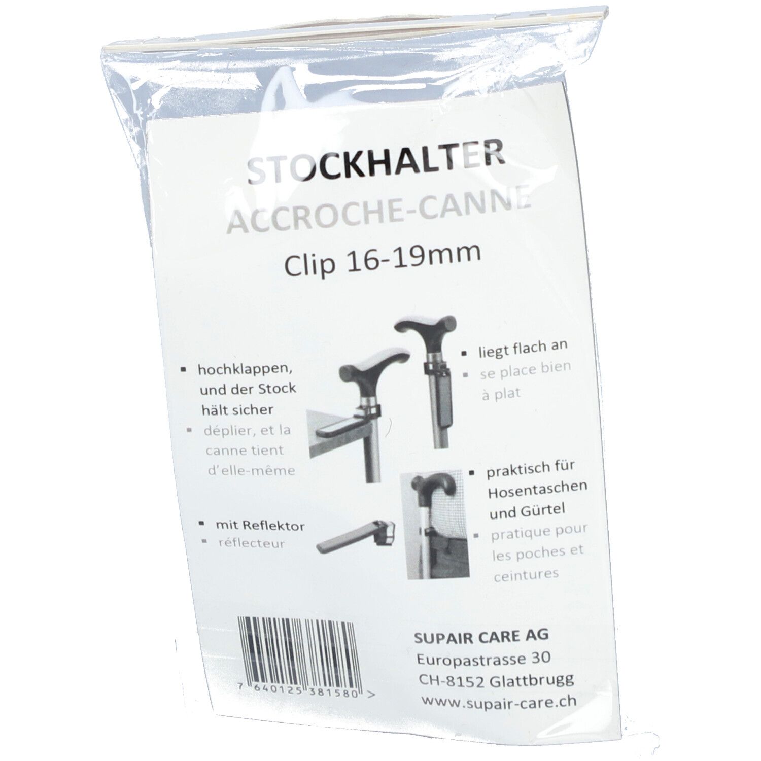 Emballage avec support de canne. Texte: STOCKHALTER ACCROCHE-CANNE Clip 16-19mm. Illustrations d'utilisation.