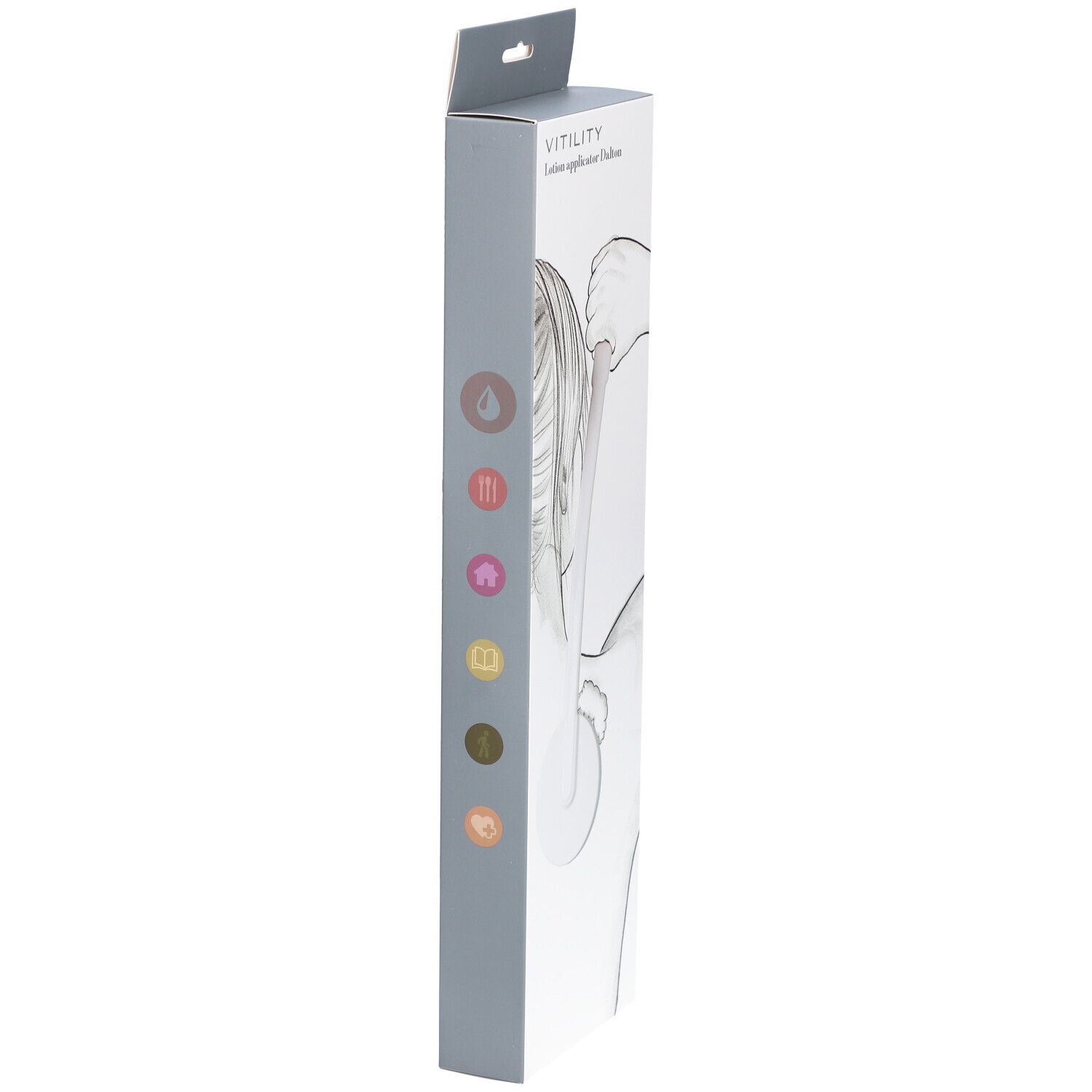 Zijaanzicht van de VITILITY Lotion Applicateur verpakking. Gekleurde symbolen en productnaam op de doos.