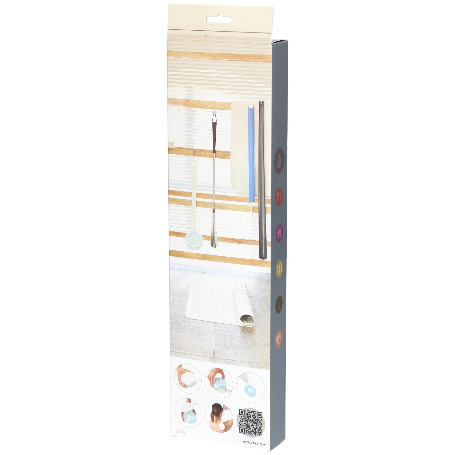 Verpakking van de VITILITY Lotion Applicateur. Product en accessoires afgebeeld op een houten structuur.