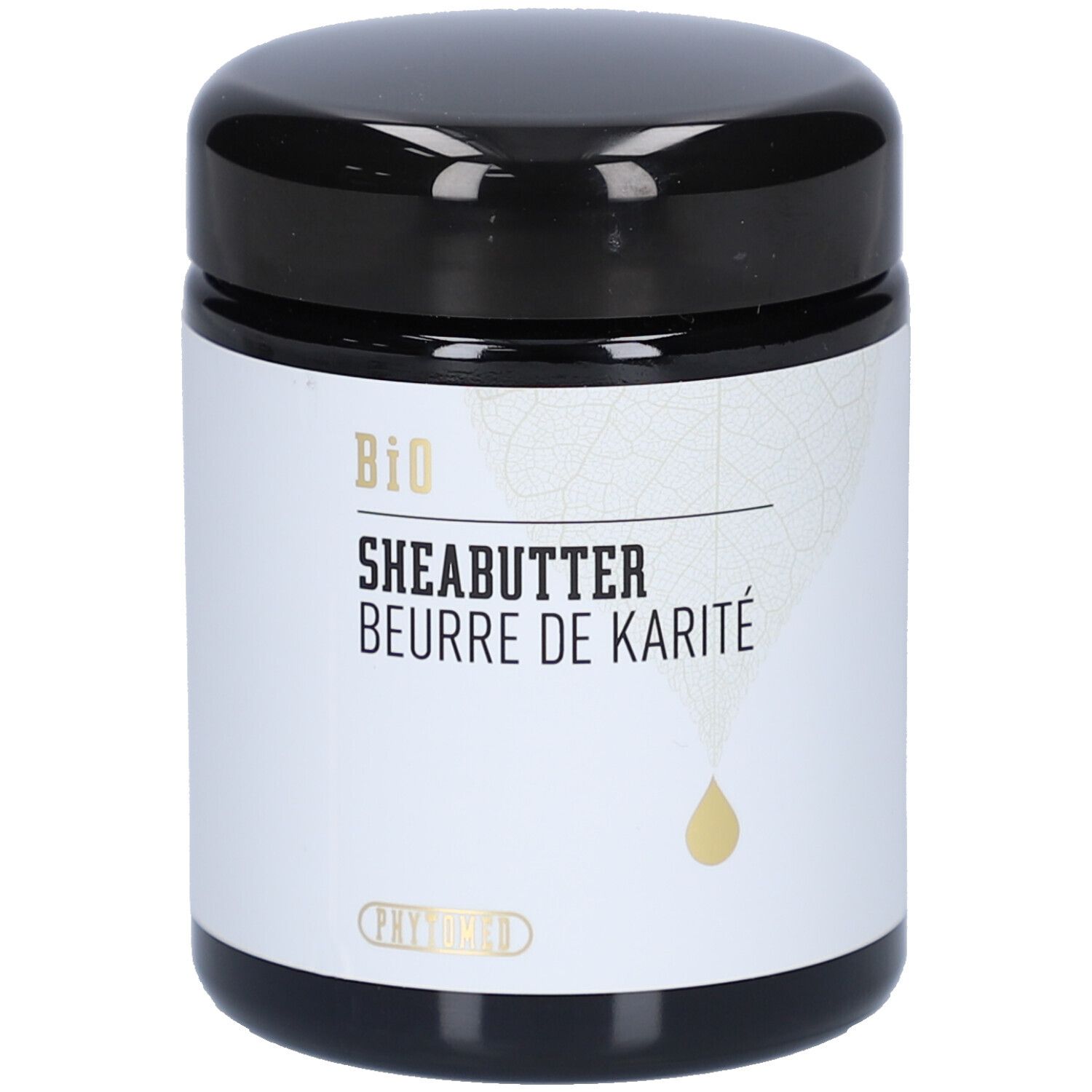 Pot noir avec étiquette blanche. Inscription: BIO Sheabutter, Beurre de Karité. Symbole de goutte.