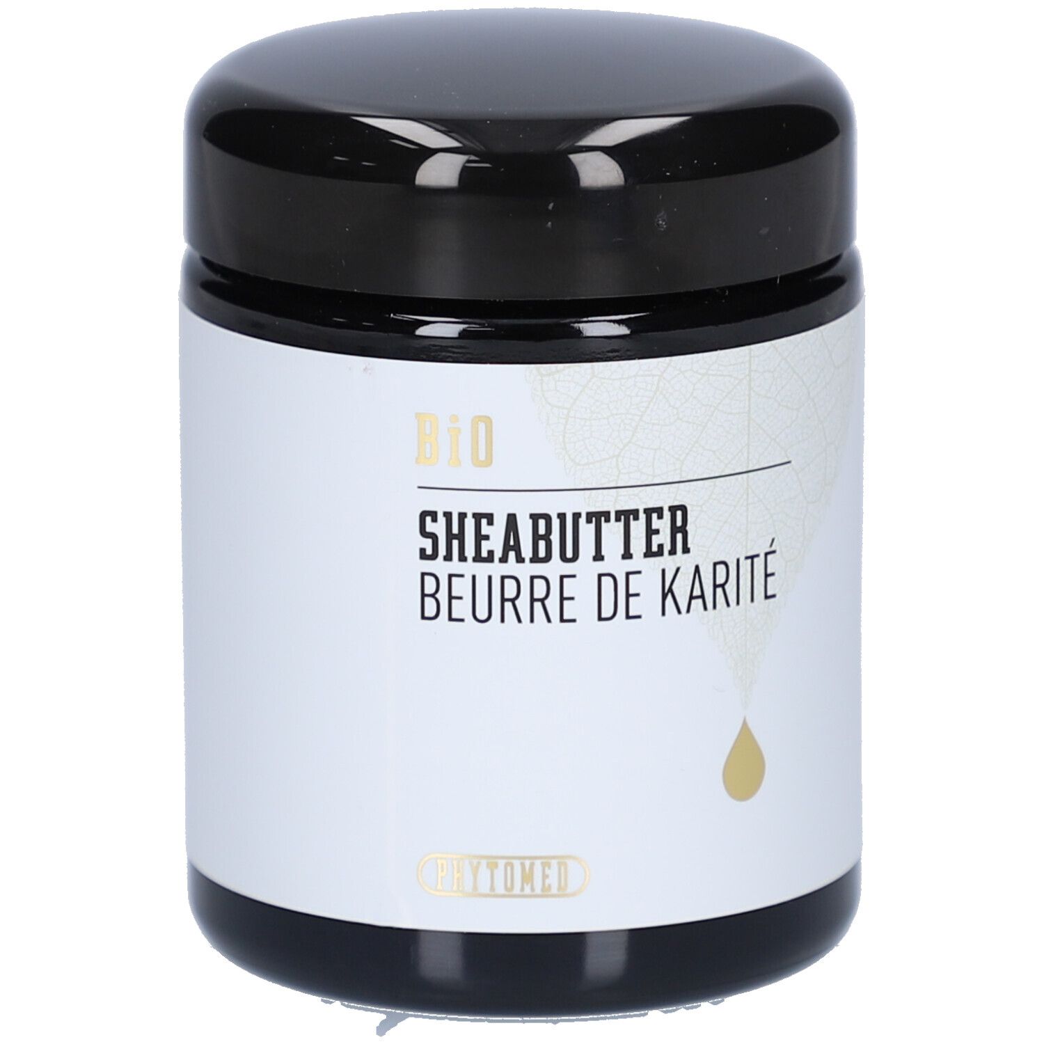 Pot noir avec étiquette blanche. Inscription: BIO Sheabutter, Beurre de Karité. Symbole de goutte.