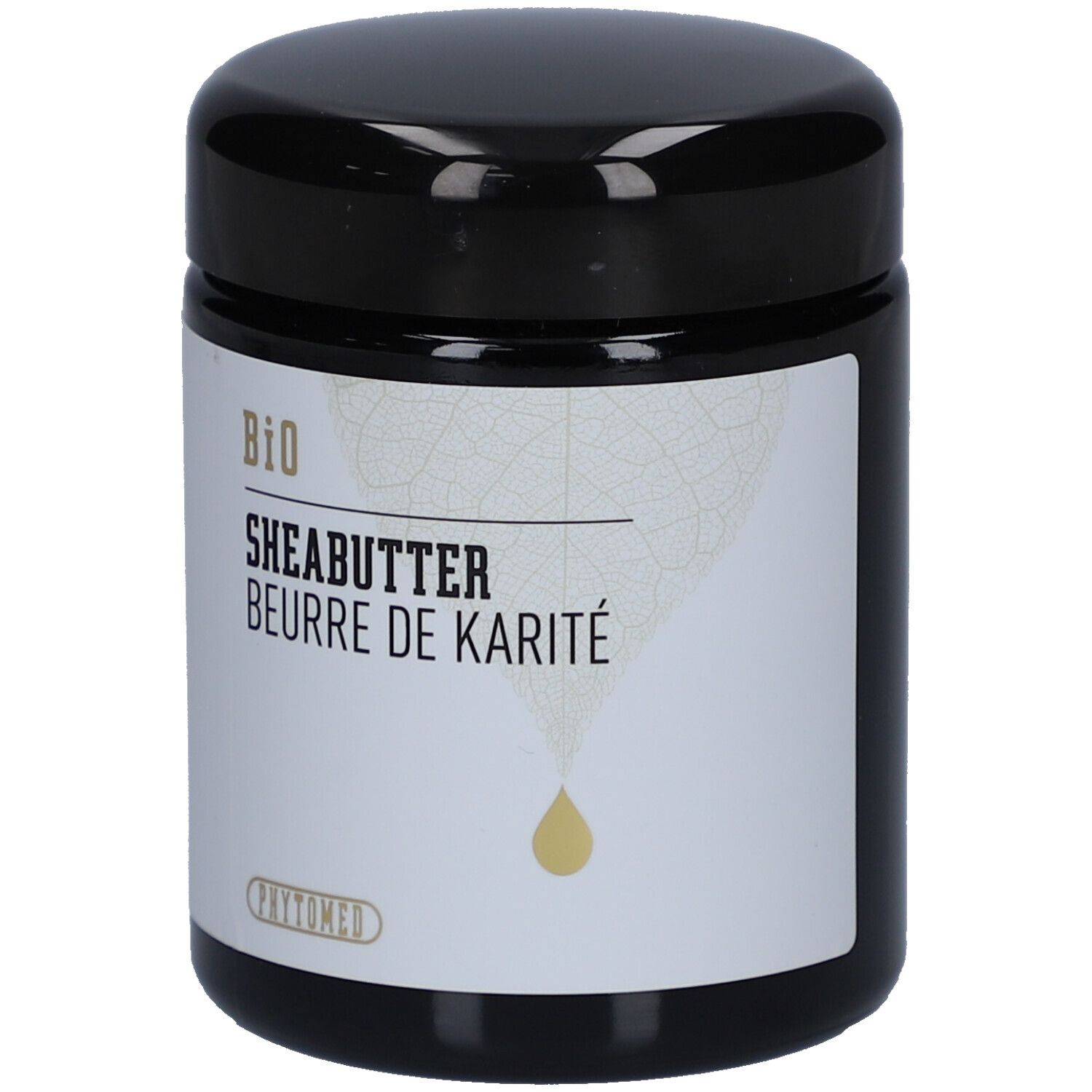 Pot noir avec étiquette blanche. Inscription: BIO Sheabutter, Beurre de Karité. Symbole de goutte.