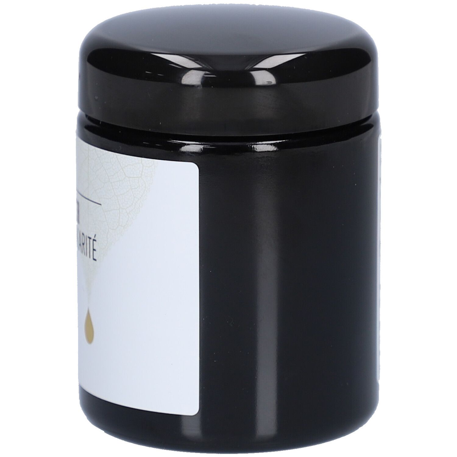 Pot noir avec étiquette blanche. Inscription: BIO Sheabutter, Beurre de Karité. Symbole de goutte.