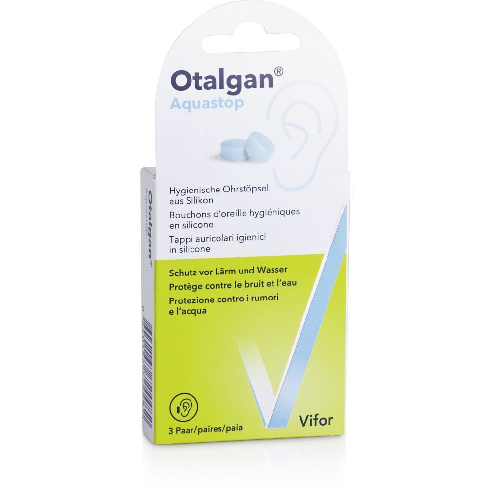 Emballage OTALGAN® Aquastop. Contient des bouchons d'oreille. Textes en allemand, français, italien et néerlandais. 3 paires.