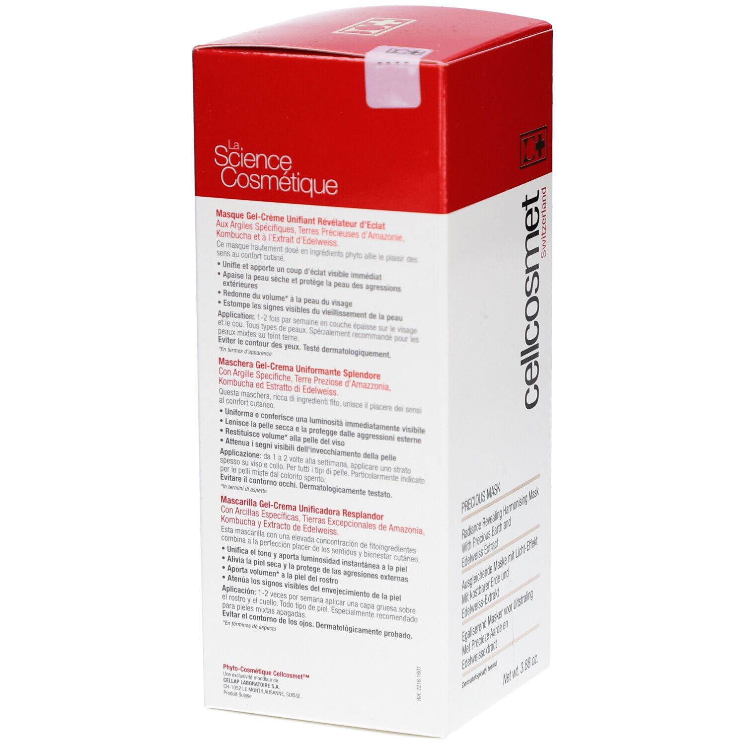 Achterkant van de Cellcosmet Precious Maske verpakking. Witte doos met rode deksel. Tekst in meerdere talen.