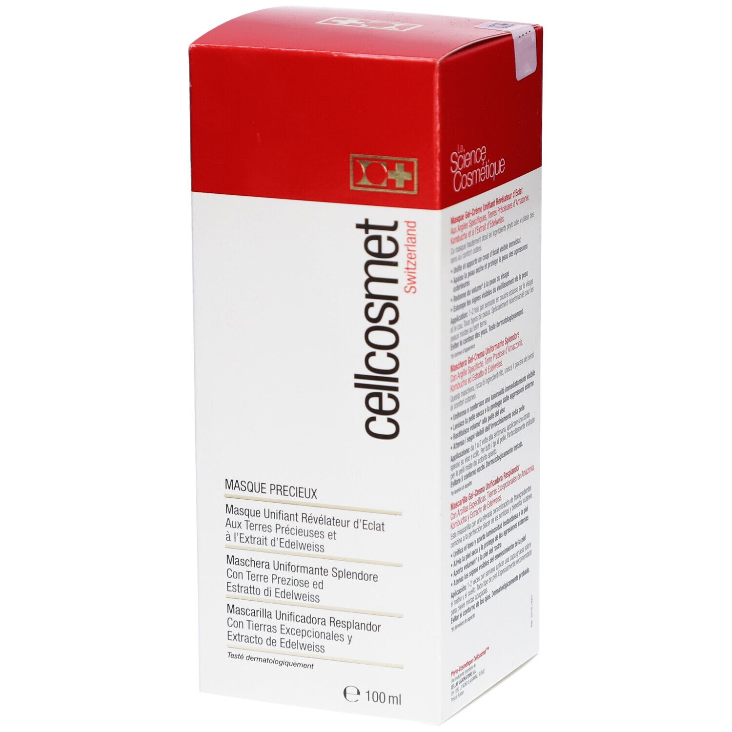 Cellcosmet Precious Maske verpakking. Witte doos met rode deksel. Tekst: cellcosmet, Masque Précieux, 100ml.