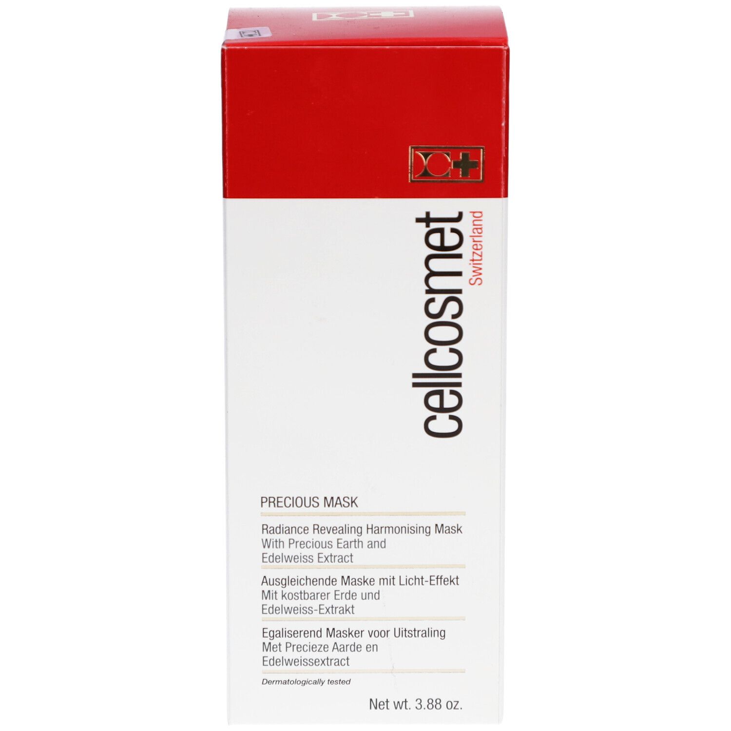 Cellcosmet Precious Maske verpakking. Witte doos met rode deksel. Tekst: cellcosmet, Precious Mask, 3.88 oz.