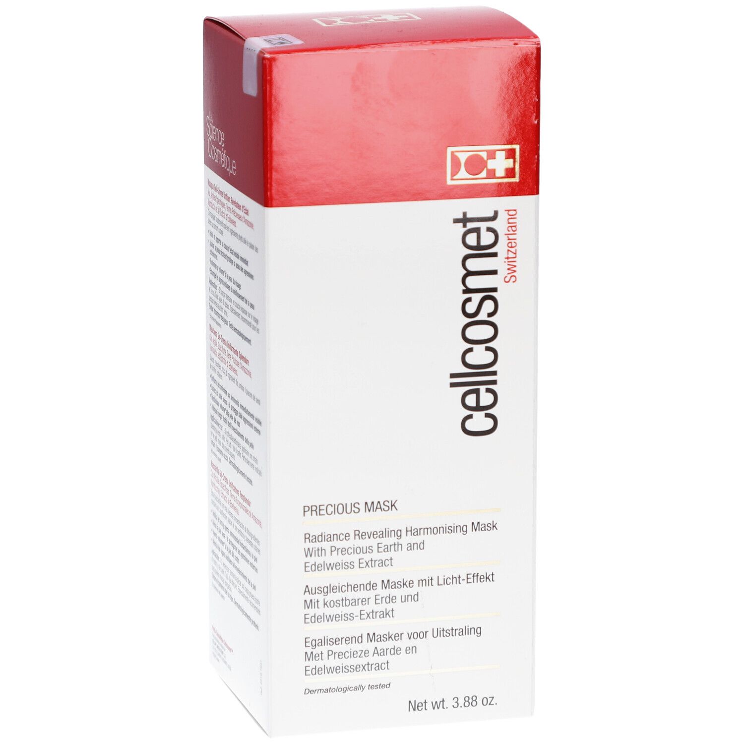 Cellcosmet Precious Maske verpakking. Witte doos met rode deksel. Tekst: cellcosmet, Precious Mask, 3.88 oz.