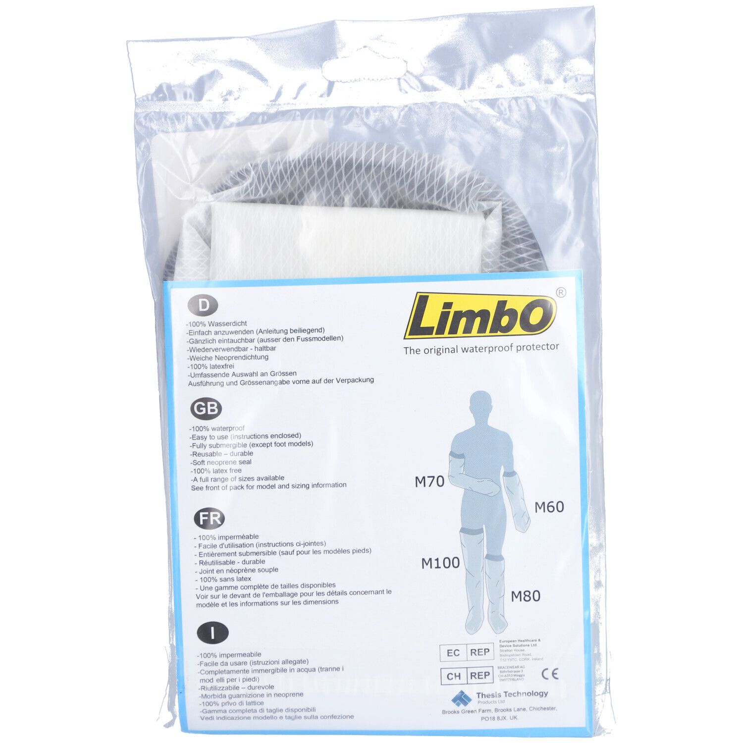 Plastic verpakking met armbeschermer. Etiket met productinformatie en maten. Illustratie van een arm.