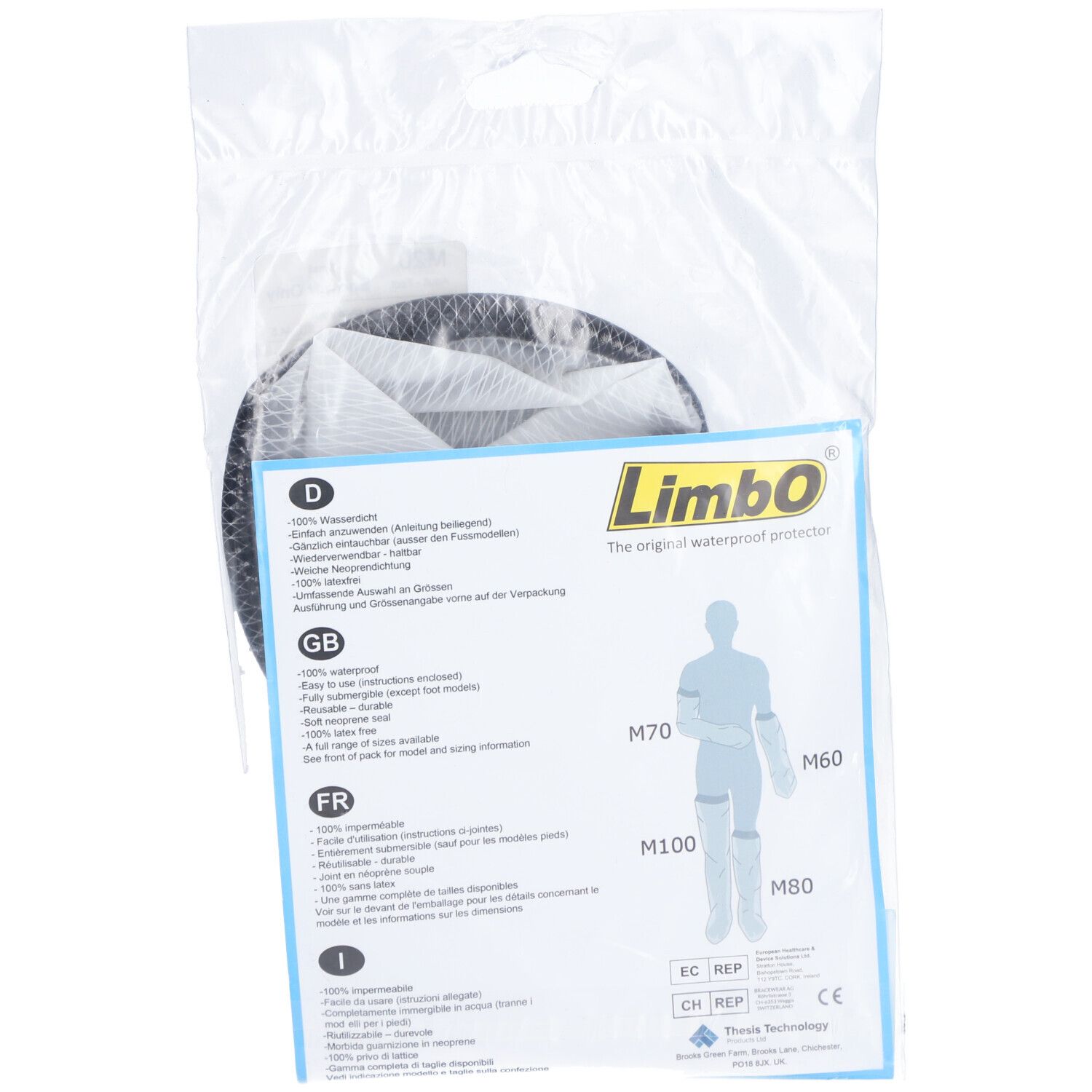 Protection de douche dans un emballage plastique. Protection noire et ronde avec étiquette blanche. Marque : Limbo.