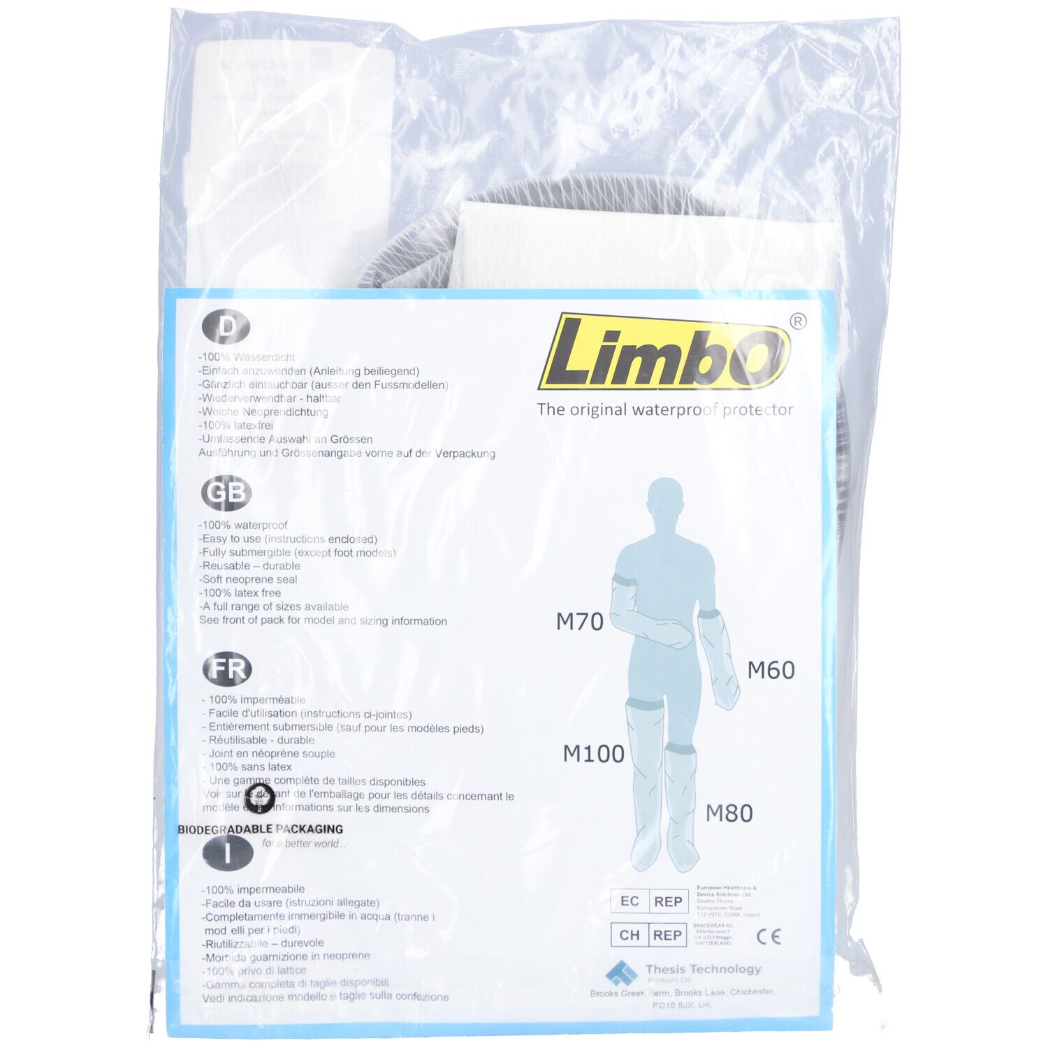 Protection de bain LIMBO pour la jambe, emballée. Étiquette produit avec indications de tailles et illustrations. Tailles M60, M70, M80, M100.