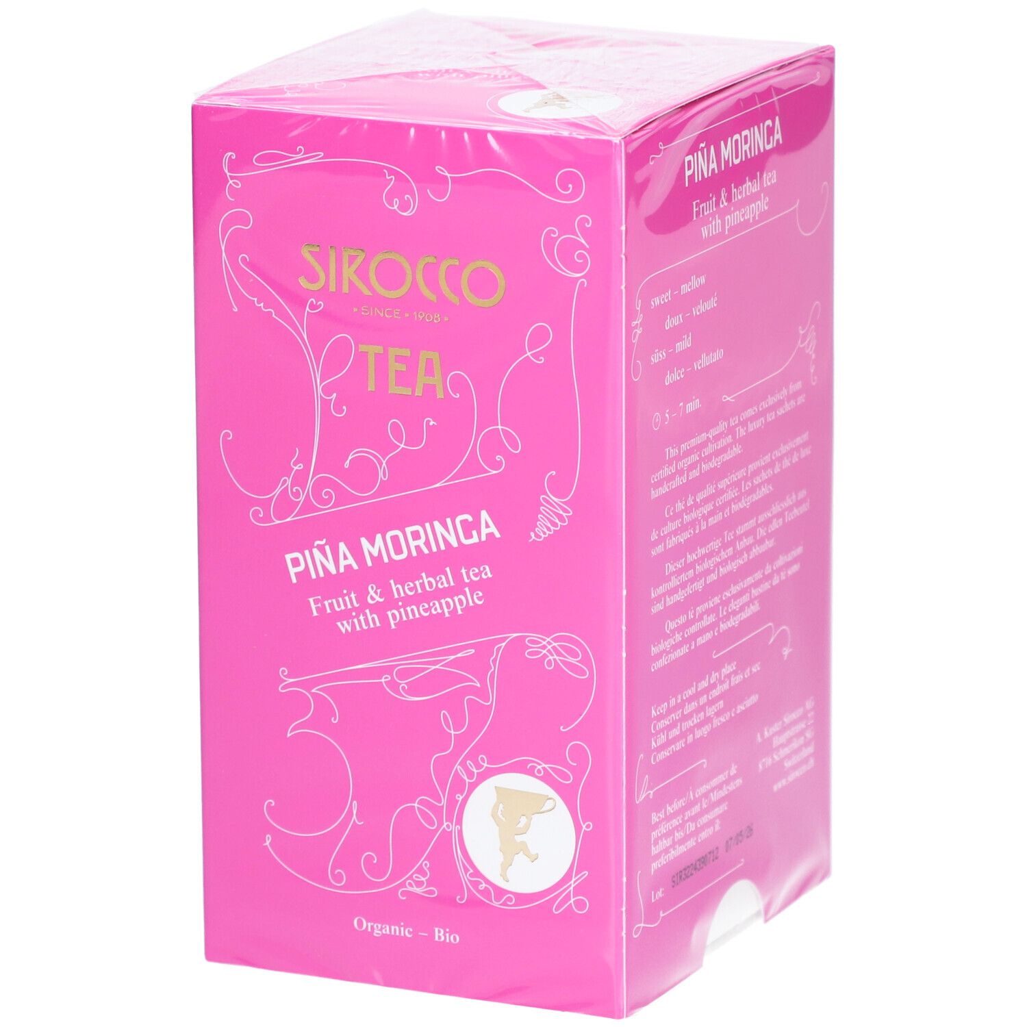 Roze verpakking met "Sirocco Tea" en "Piña Moringa". Fruit- en kruidenthee met ananas. Biologische certificering.