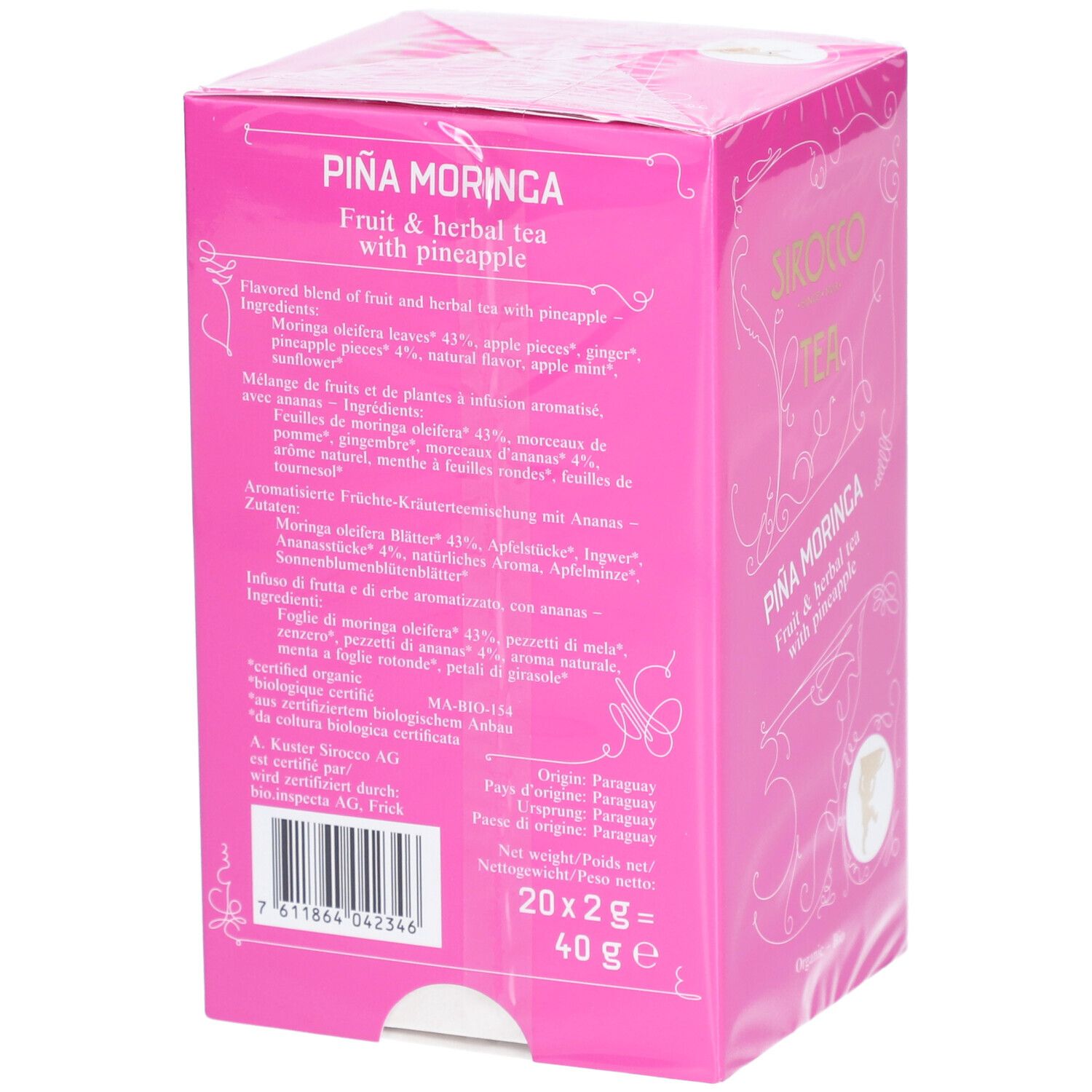 Achterkant van de roze theeverpakking. Ingrediëntenlijst, oorsprong Paraguay, gewicht 40g, 20x2g zakjes. Biologische certificering.