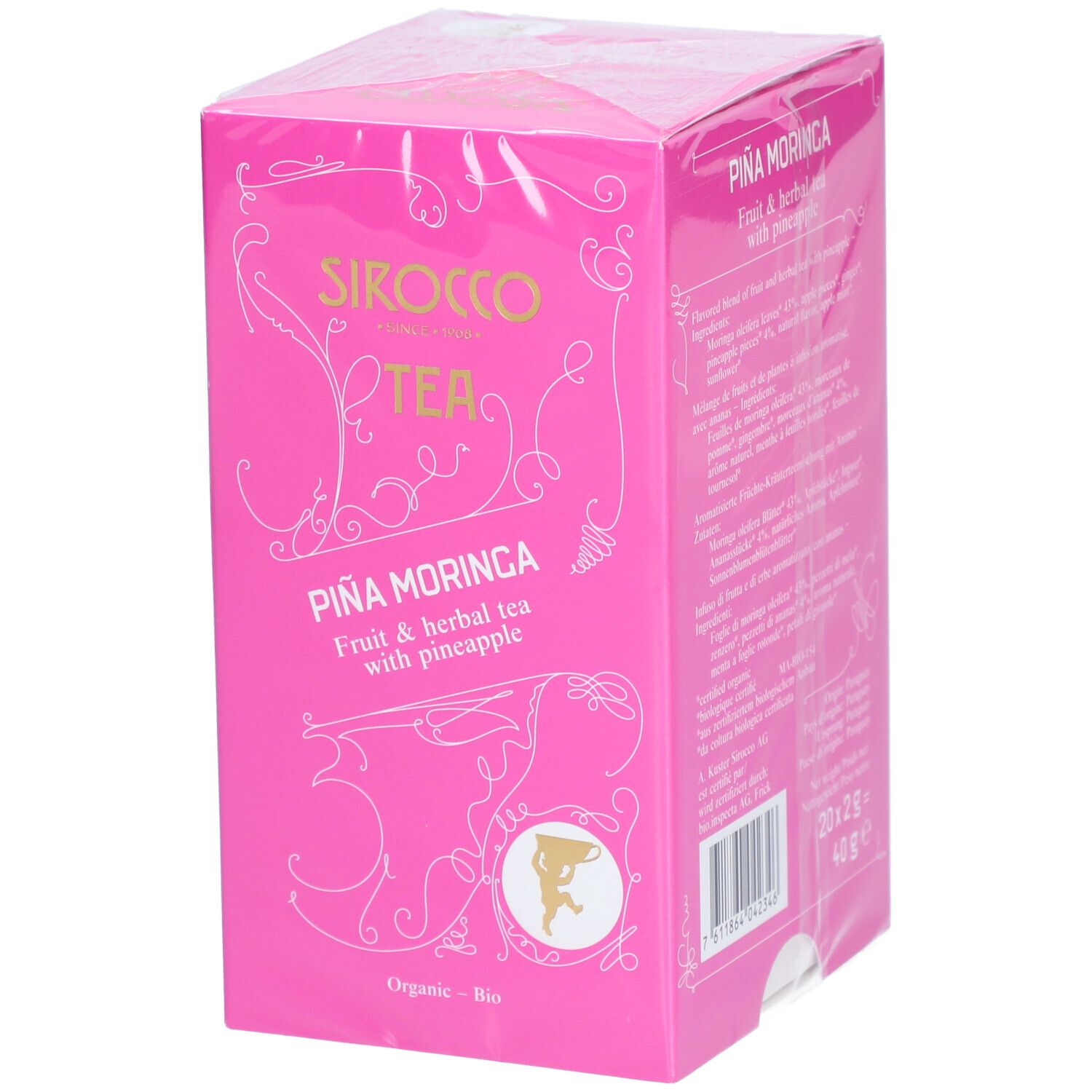 Roze theeverpakking met "Sirocco Tea" en "Piña Moringa". Fruit- en kruidenthee met ananas. Biologische certificering.