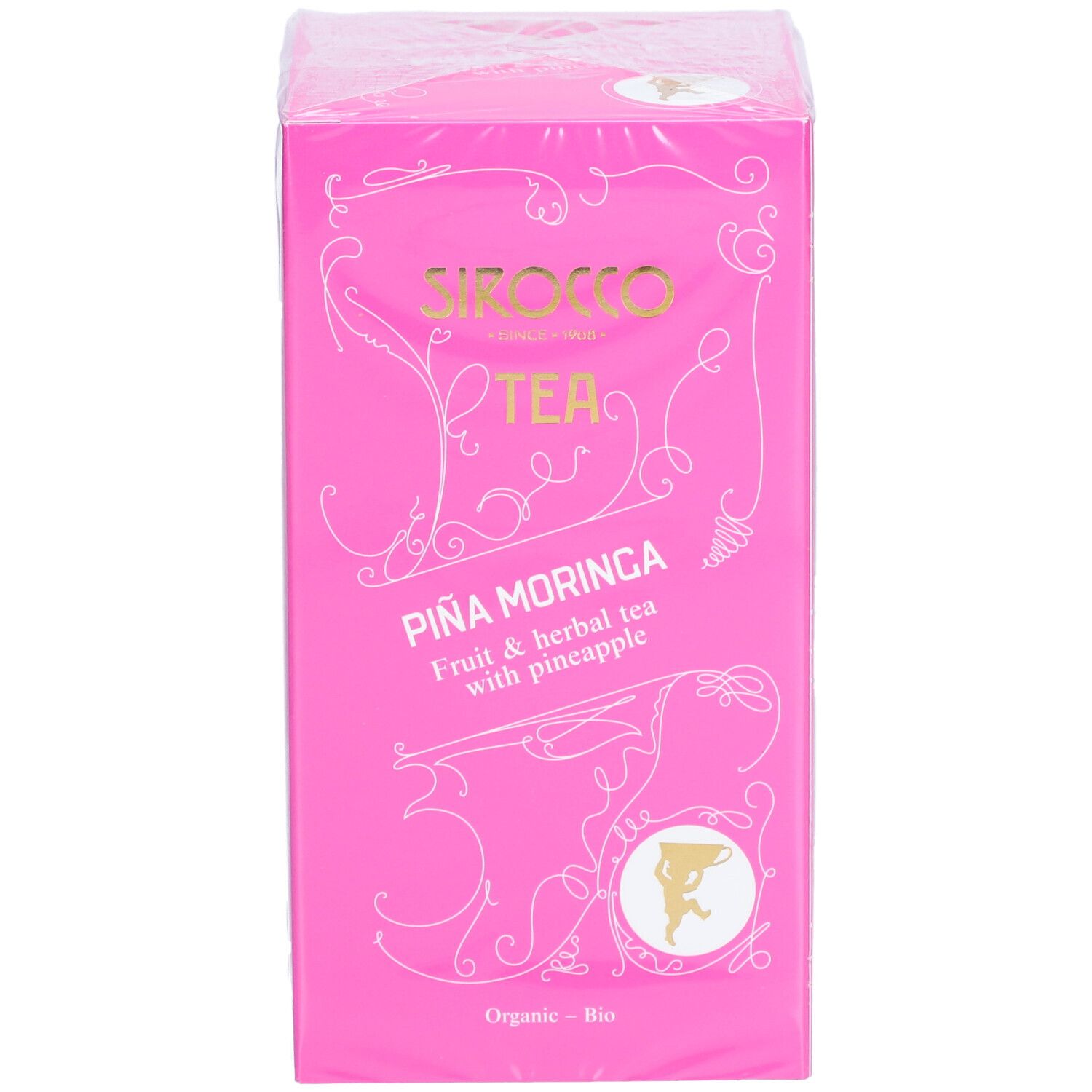Roze theeverpakking met "Sirocco Tea" en "Piña Moringa". Fruit- en kruidenthee met ananas. Biologische certificering.