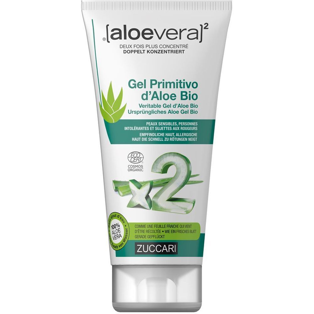 Tube aloë vera gel. Opschrift: [aloe vera]², Gel Primitivo d'Aloe Bio, ZUCCARI. Groen-wit ontwerp, bio-certificering.
