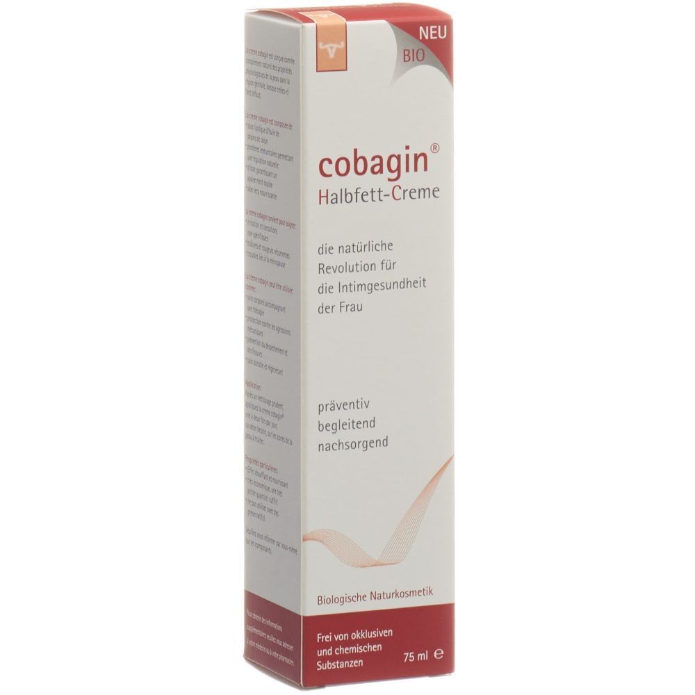 Wit en rode verpakking met productnaam en tekst. Bevat 75 ml. Opschrift: COBAGIN Halbfett-Creme. Bio-certificering.