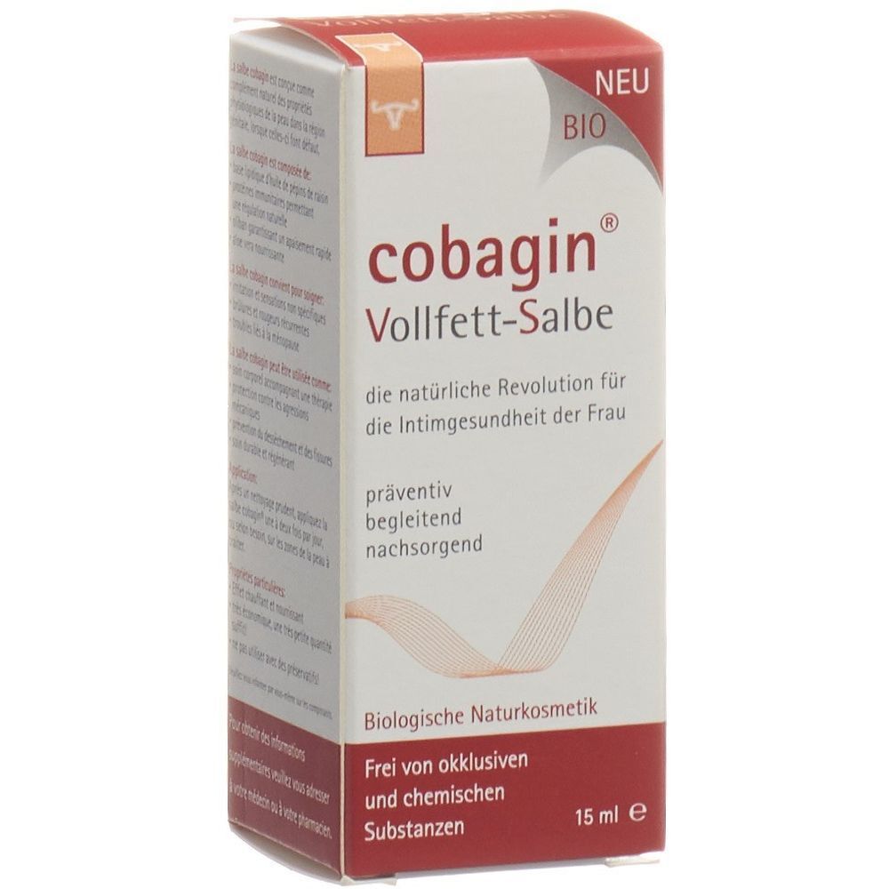 Doosje COBAGIN Vollfett-Salbe. Witte doos met rode accenten. Opschrift: COBAGIN, Vollfett-Salbe, BIO, 15 ml.