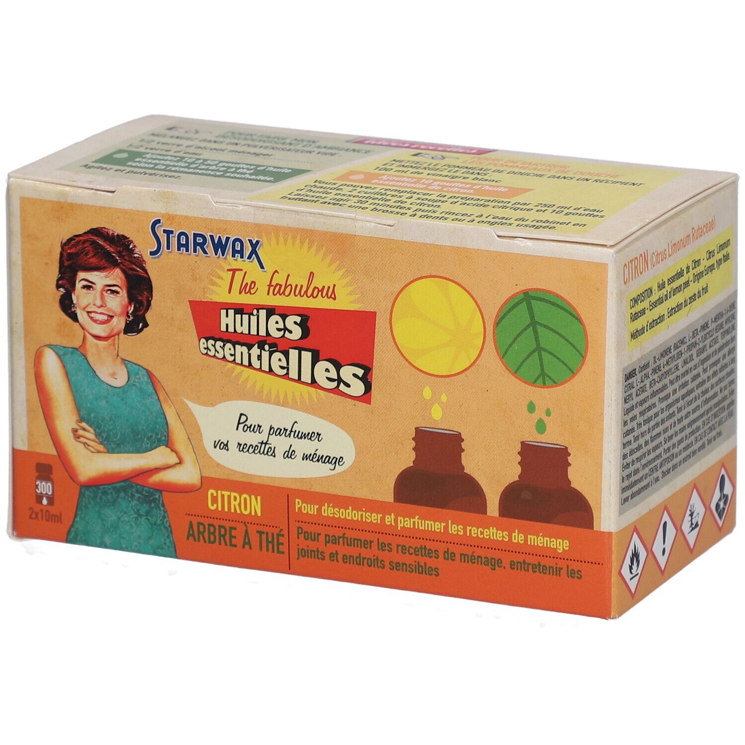 Boîte en carton avec illustration du produit. Inscription : Starwax, Huiles essentielles. Image d'une femme et noms de produits.