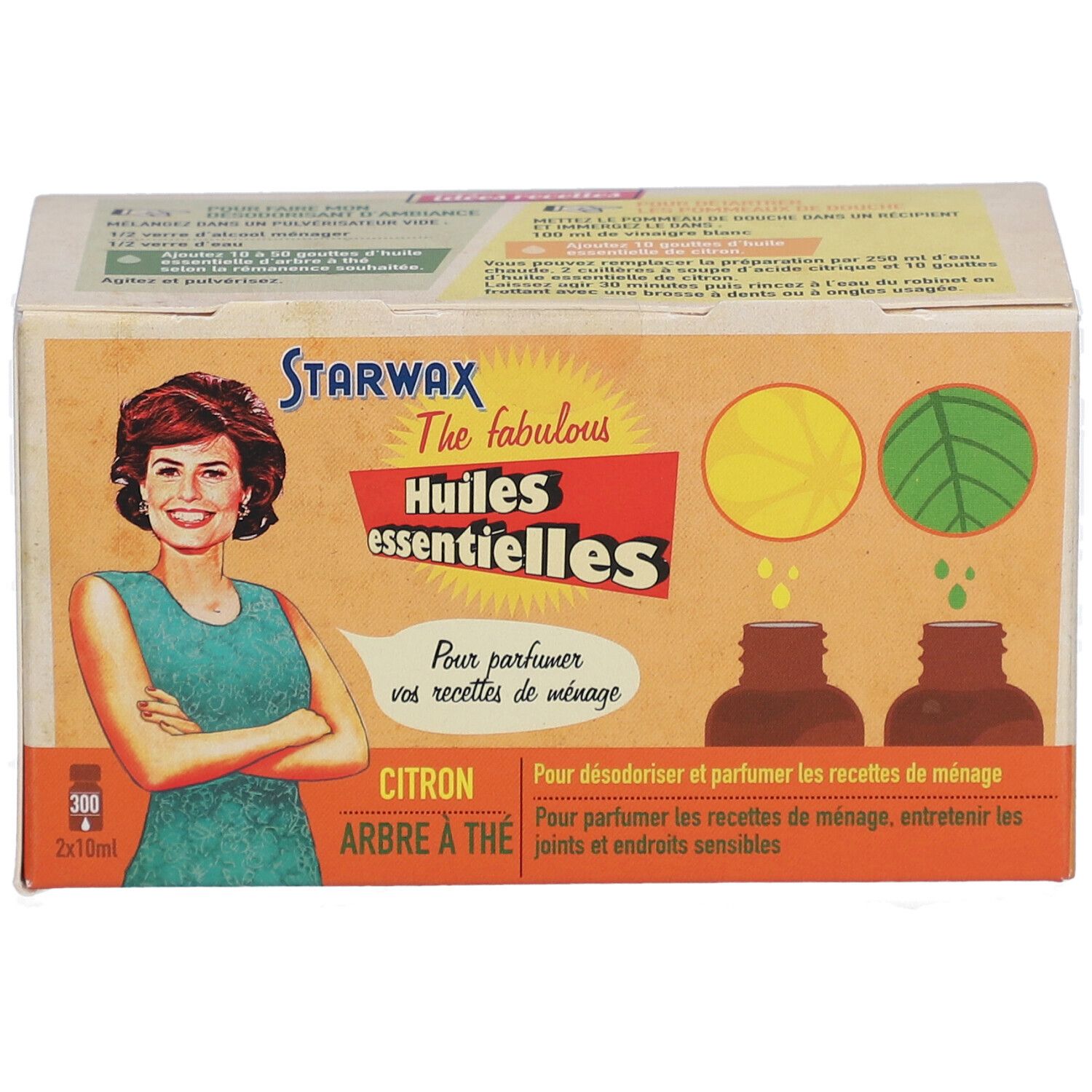 Boîte en carton avec illustration du produit. Inscription : Starwax, Huiles essentielles. Image d'une femme et noms de produits.