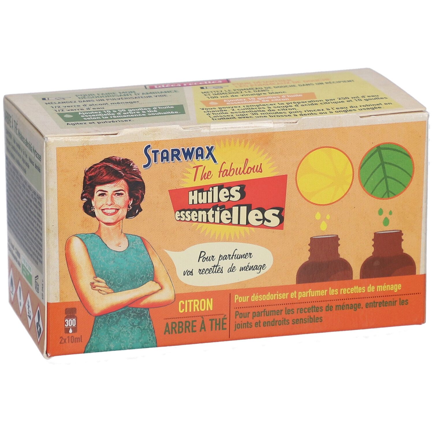 Boîte en carton avec illustration du produit. Inscription : Starwax, Huiles essentielles. Image d'une femme et noms de produits.