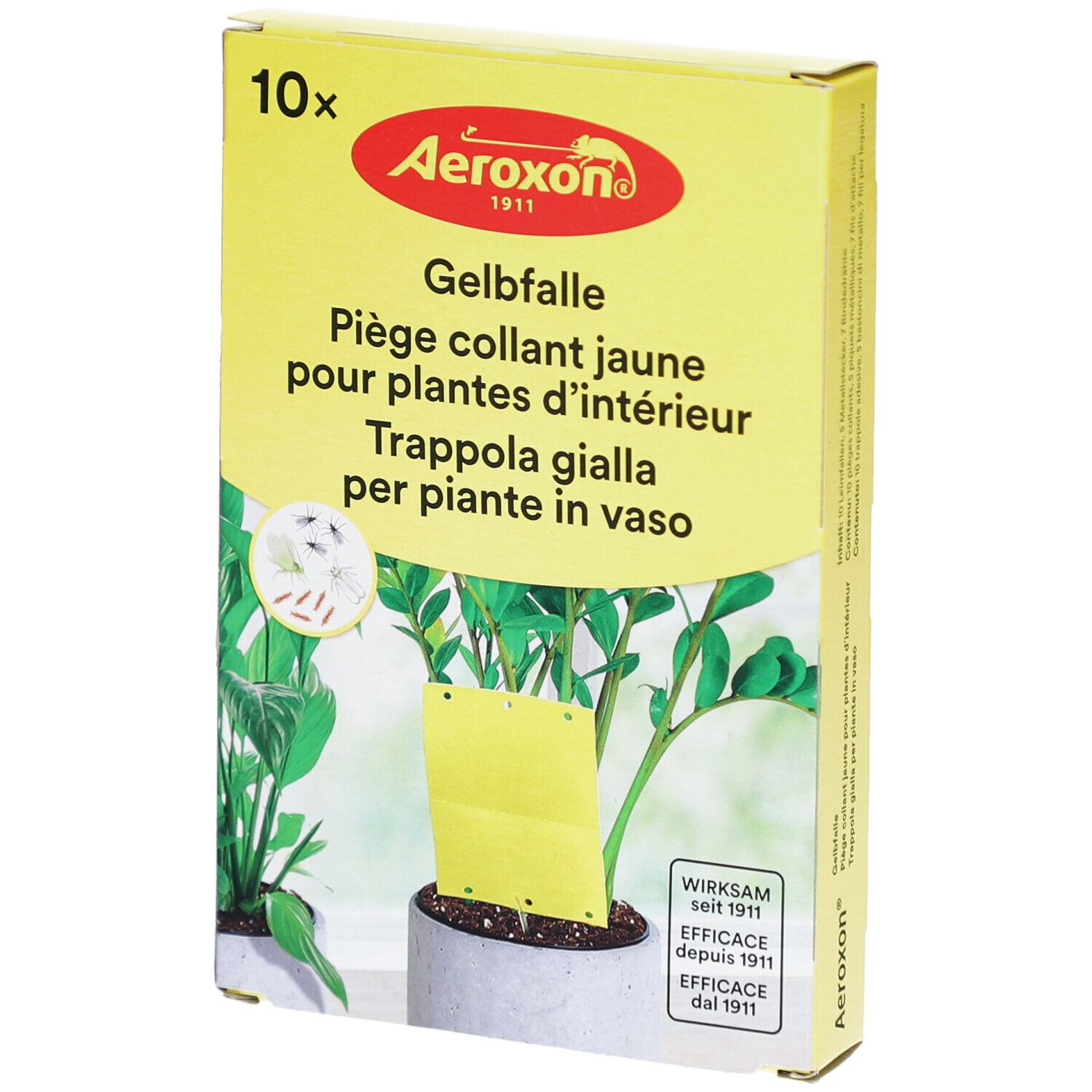 Piège collant jaune pour plantes d'intérieur, emballage de 10. Marque Aeroxon. Piège jaune dans un pot avec plante.