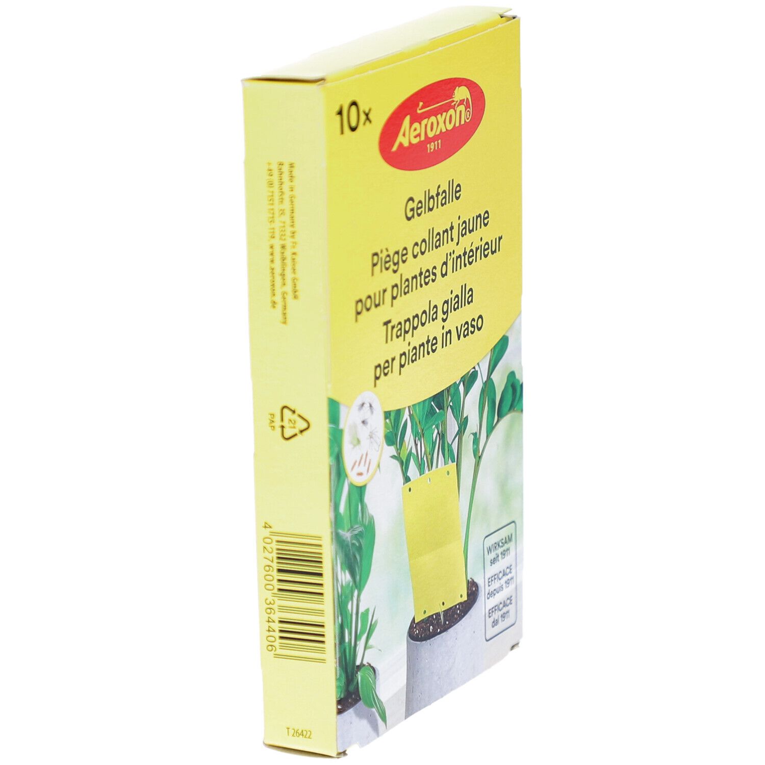 Piège collant jaune pour plantes d'intérieur, emballage. Marque Aeroxon. Piège jaune dans un pot avec plante. Vue latérale.