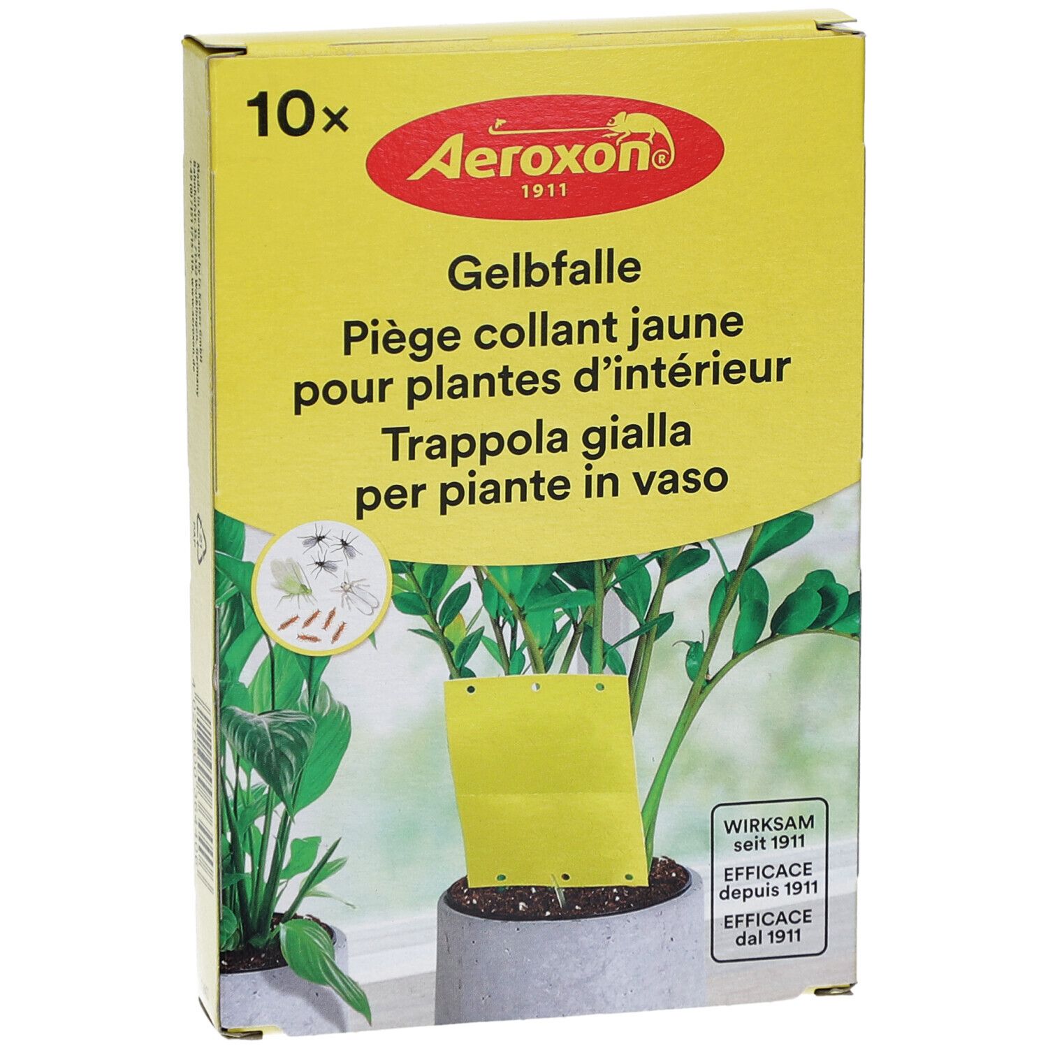 Piège collant jaune pour plantes d'intérieur, emballage de 10. Marque Aeroxon. Piège jaune dans un pot avec plante.
