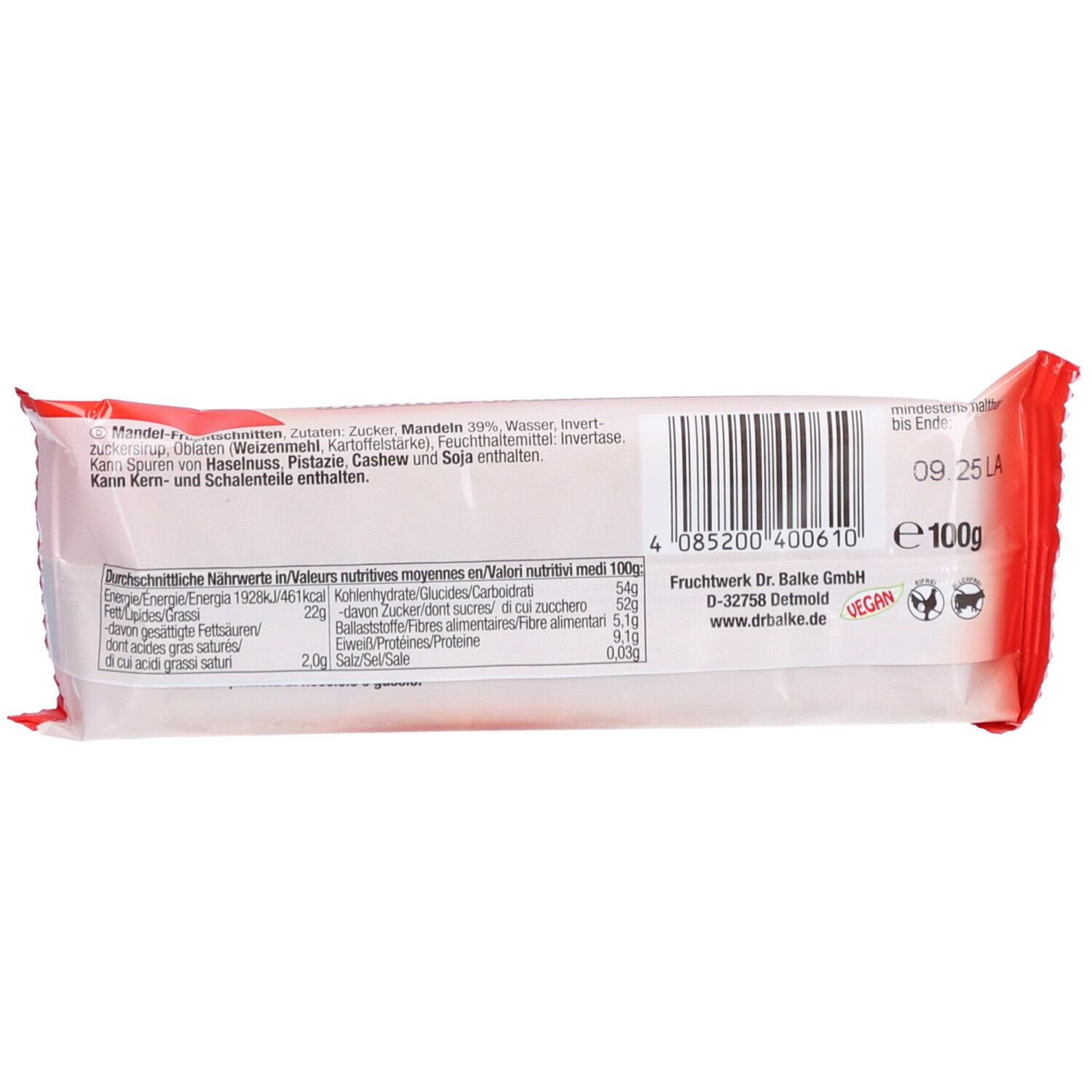 Dos de l'emballage de la barre avec informations nutritionnelles et liste des ingrédients. Contient des informations en allemand, français et italien.