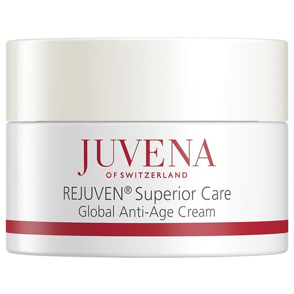 Pot de crème blanc avec couvercle. Inscription: JUVENA, REJUVEN® Superior Care, Global Anti-Age Cream. Bande rouge.